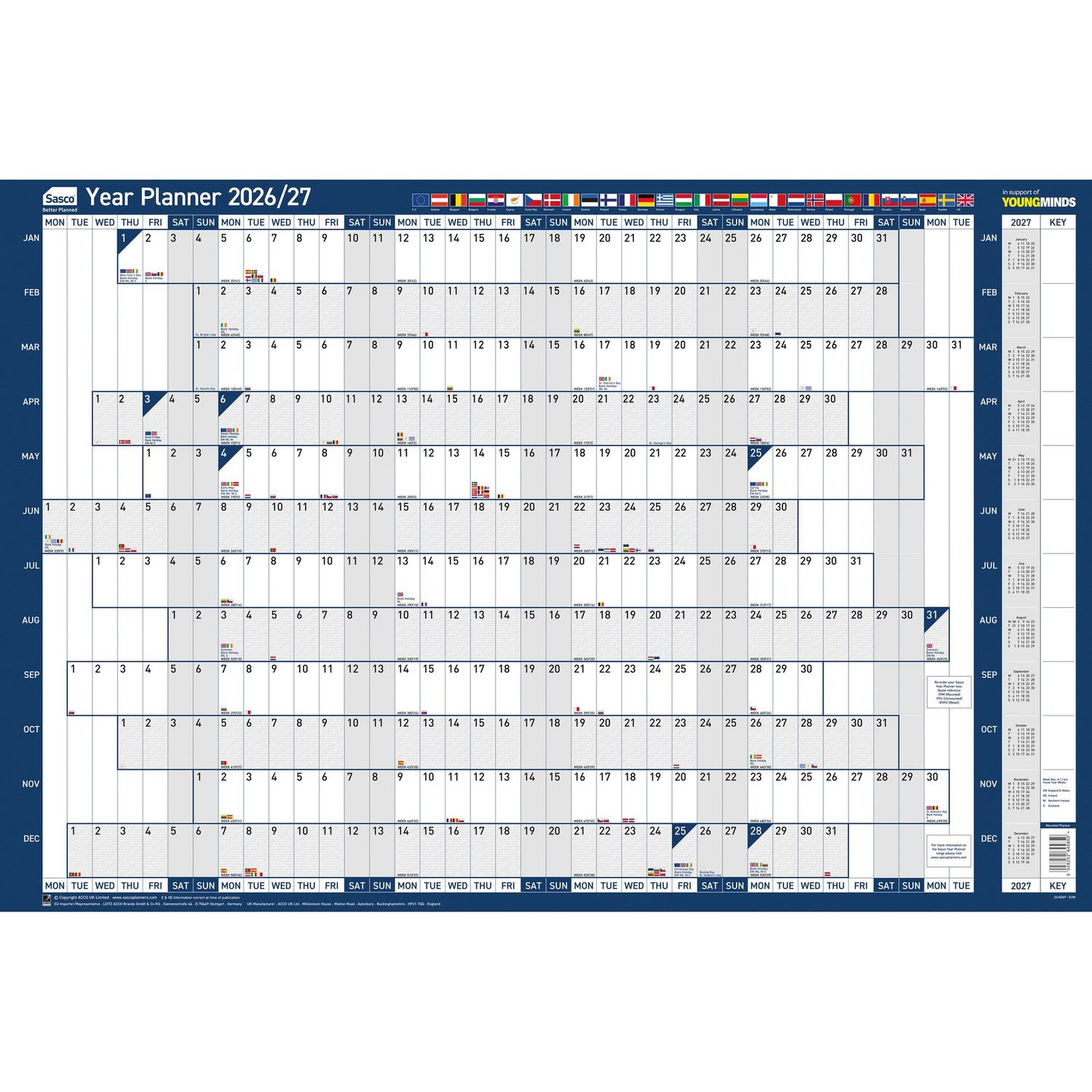 Sasco 2026 EU Year Wall Planner 915W x 610mmH with Wet Wipe Pen & Sticker Pack B