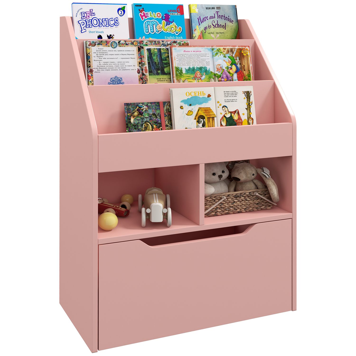 HOMCOM Kids Bookcase, Toy Box w/Storage Drawer, Wheels for Bedroom - Pink