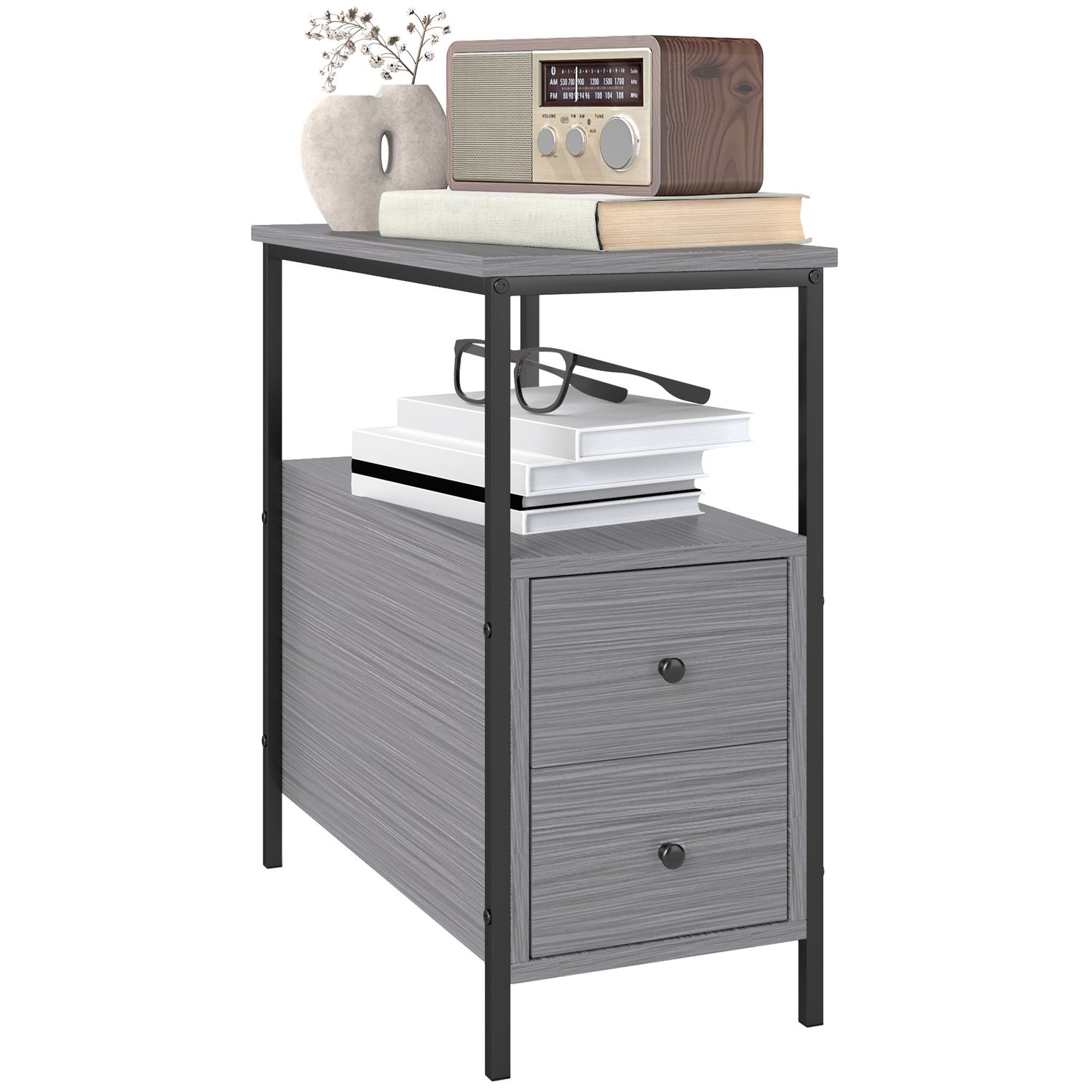 HOMCOM Narrow End Table, Sofa Side Table with 2 Drawers Storage Shelf - Grey