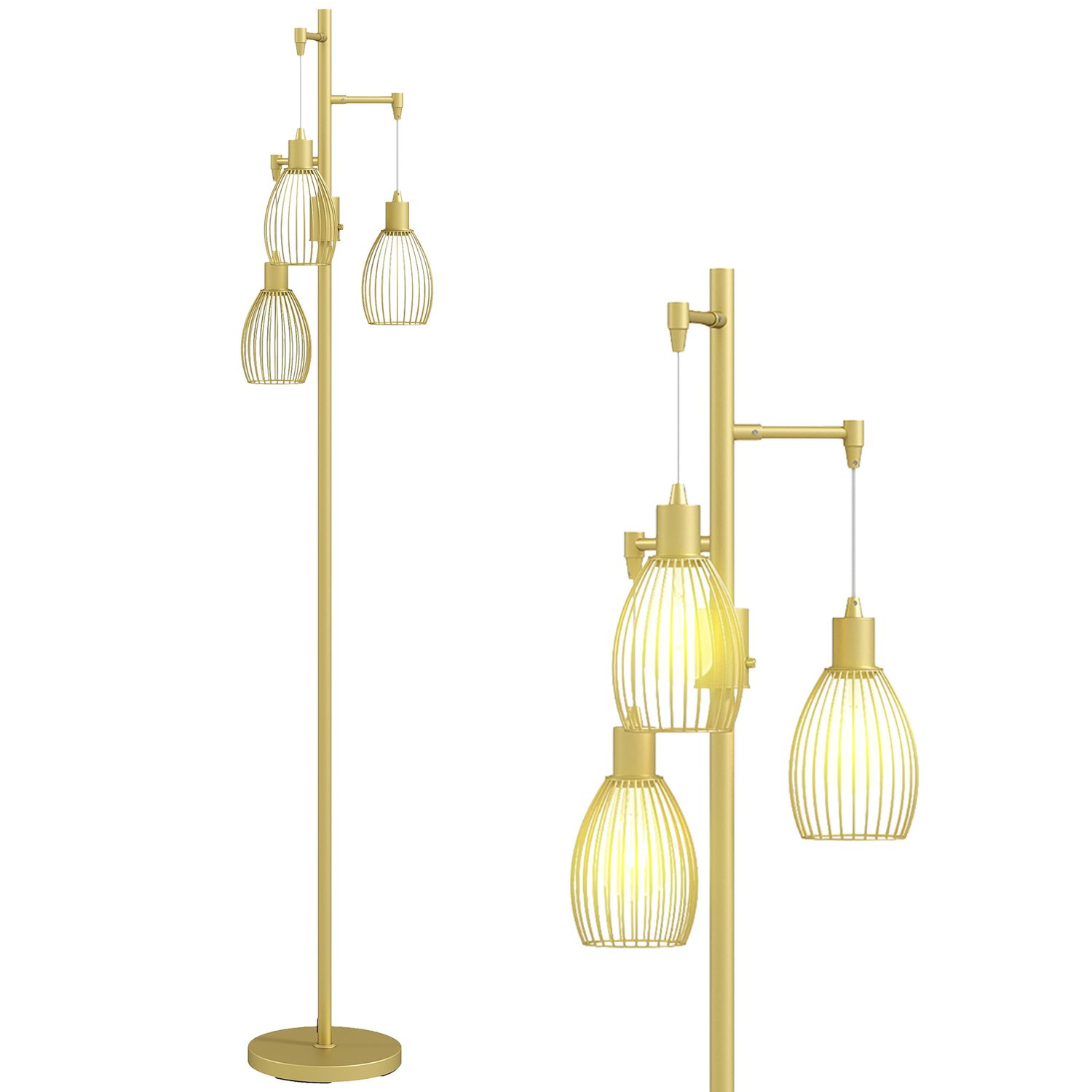HOMCOM Industrial 3-Light Floor Lamp Dimmable Standing Lamp - Gold