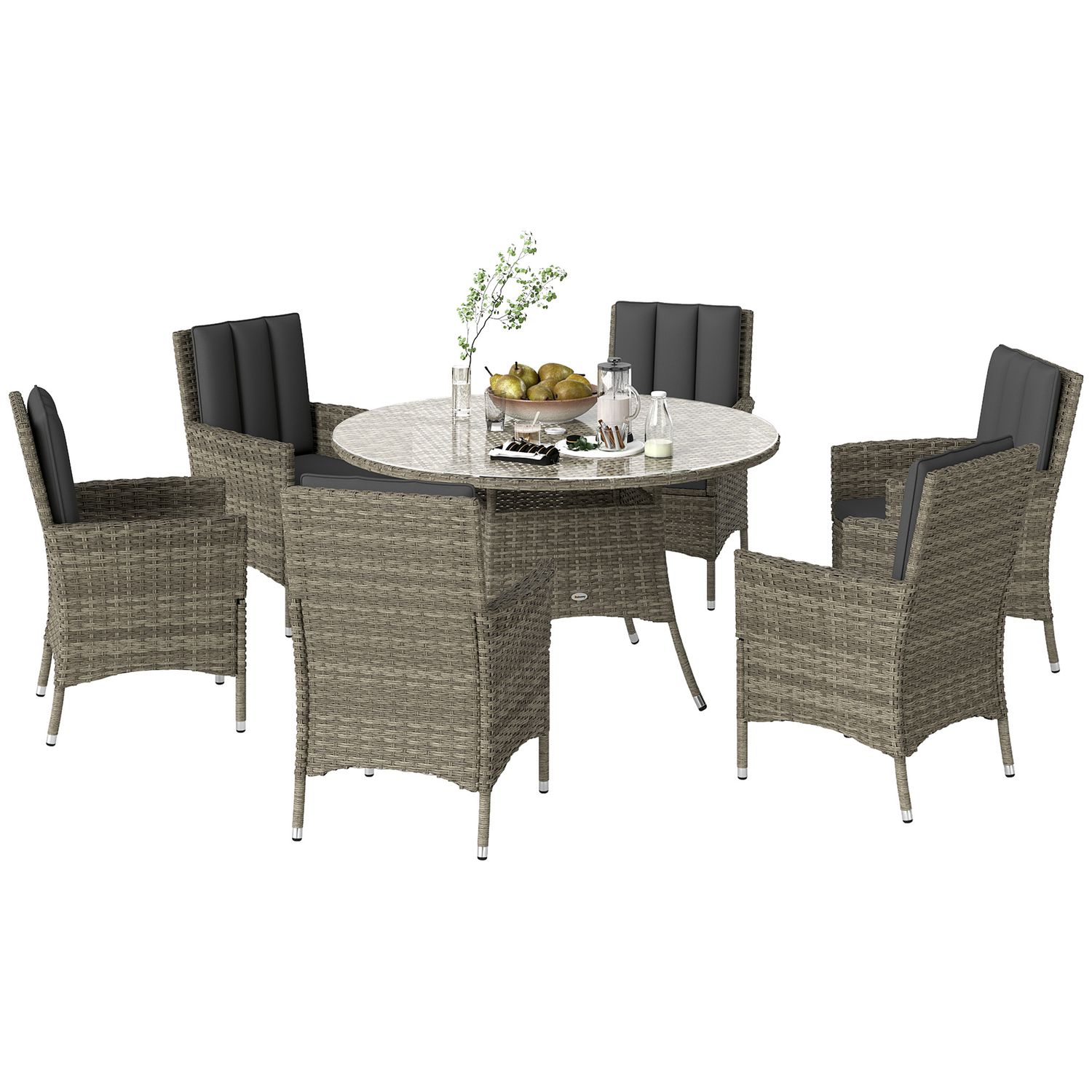 Outsunny 6 Seater Rattan Outdoor Dining Set with Cushions - Light Grey
