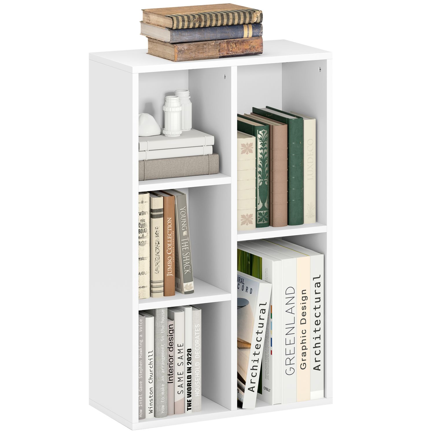 HOMCOM 2-Tier Bookshelf with 5 Open Storage Compartments - White