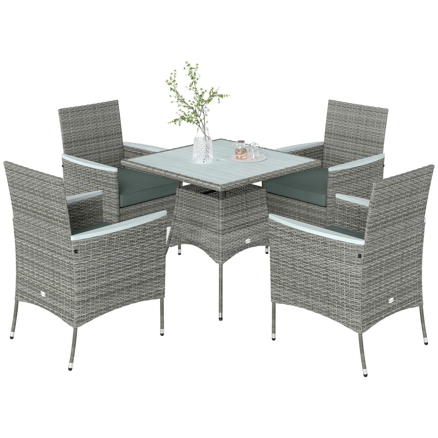 Outsunny Rattan Dining Set with Parasol Hole, Garden Table and Chairs - Grey