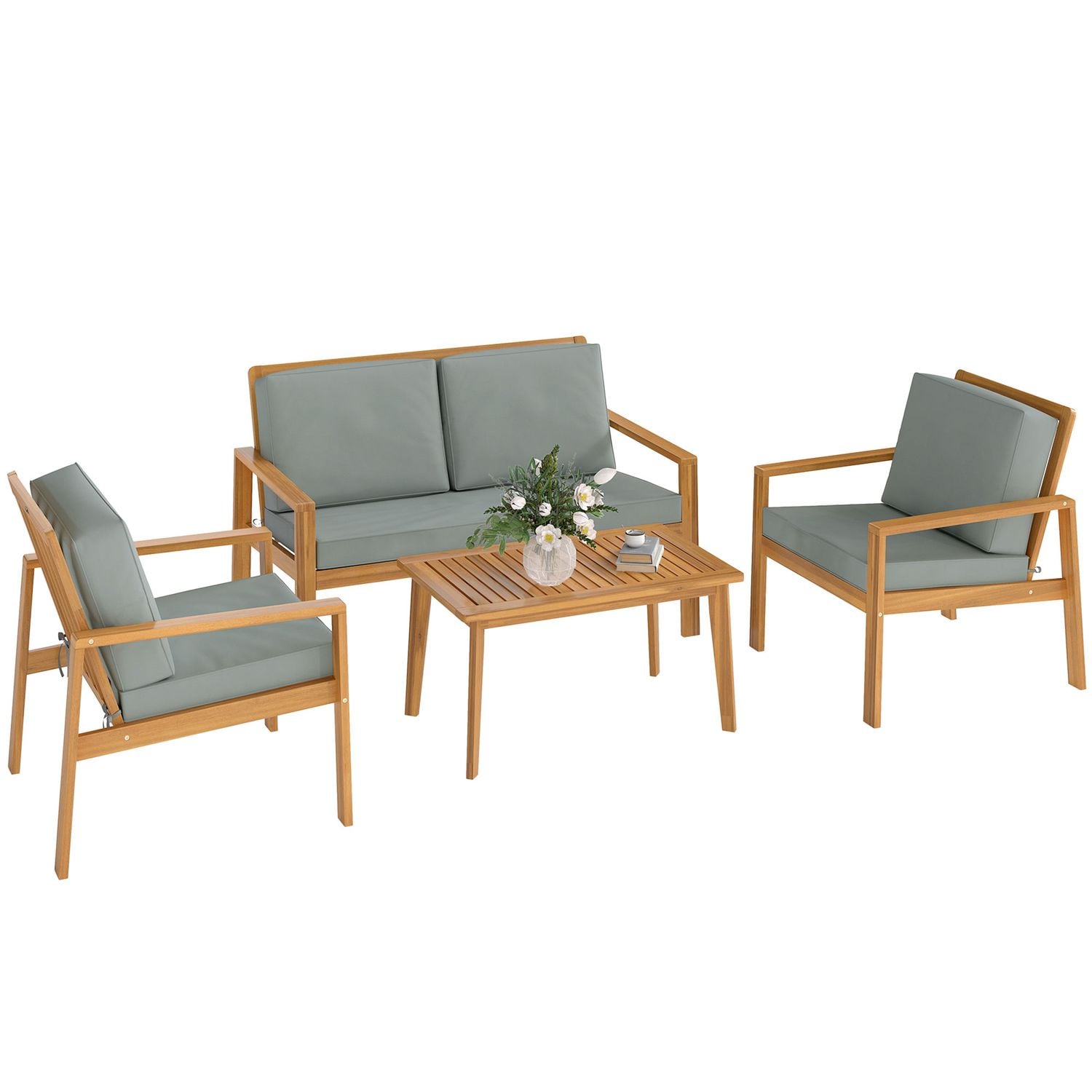 Outsunny 4 Pieces Wooden Garden Furniture Set with Cushions, Teak