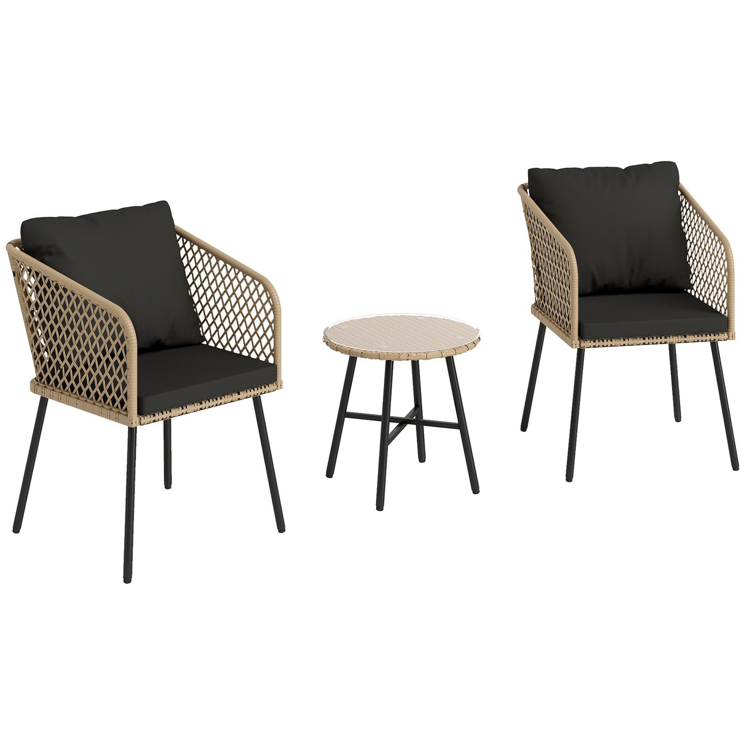Outsunny 3 Piece Rattan Bistro Set with Cushions, Nature Wood Finish