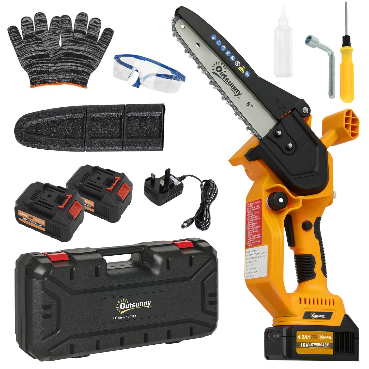Outsunny 8 Inch Electric Chainsaw with Brushless Motor, 2 Batteries - Orange