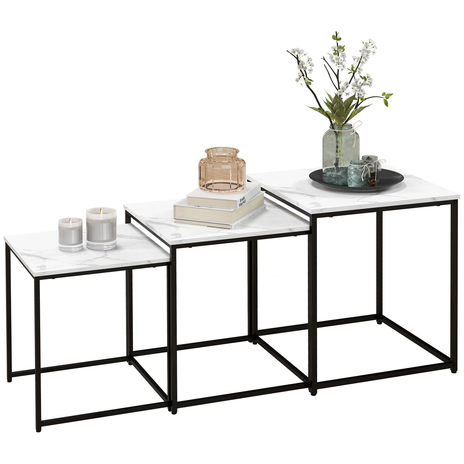 HOMCOM Nesting Coffee Tables Set of 3 Stacking Sofa Side Tables - White