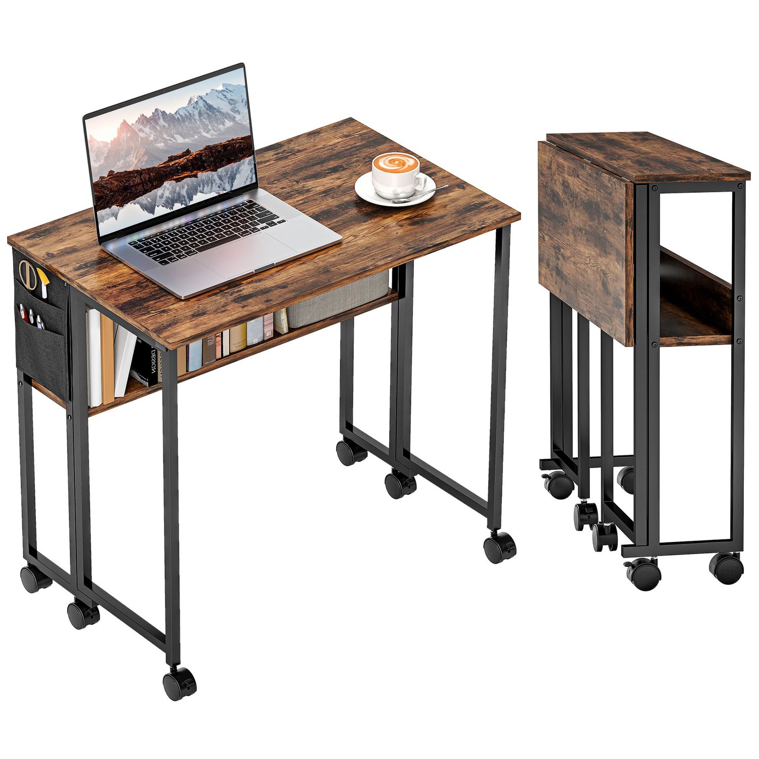 HOMCOM 80cm Foldable Computer Desk on Wheels for Small Spaces - Rustic Brown