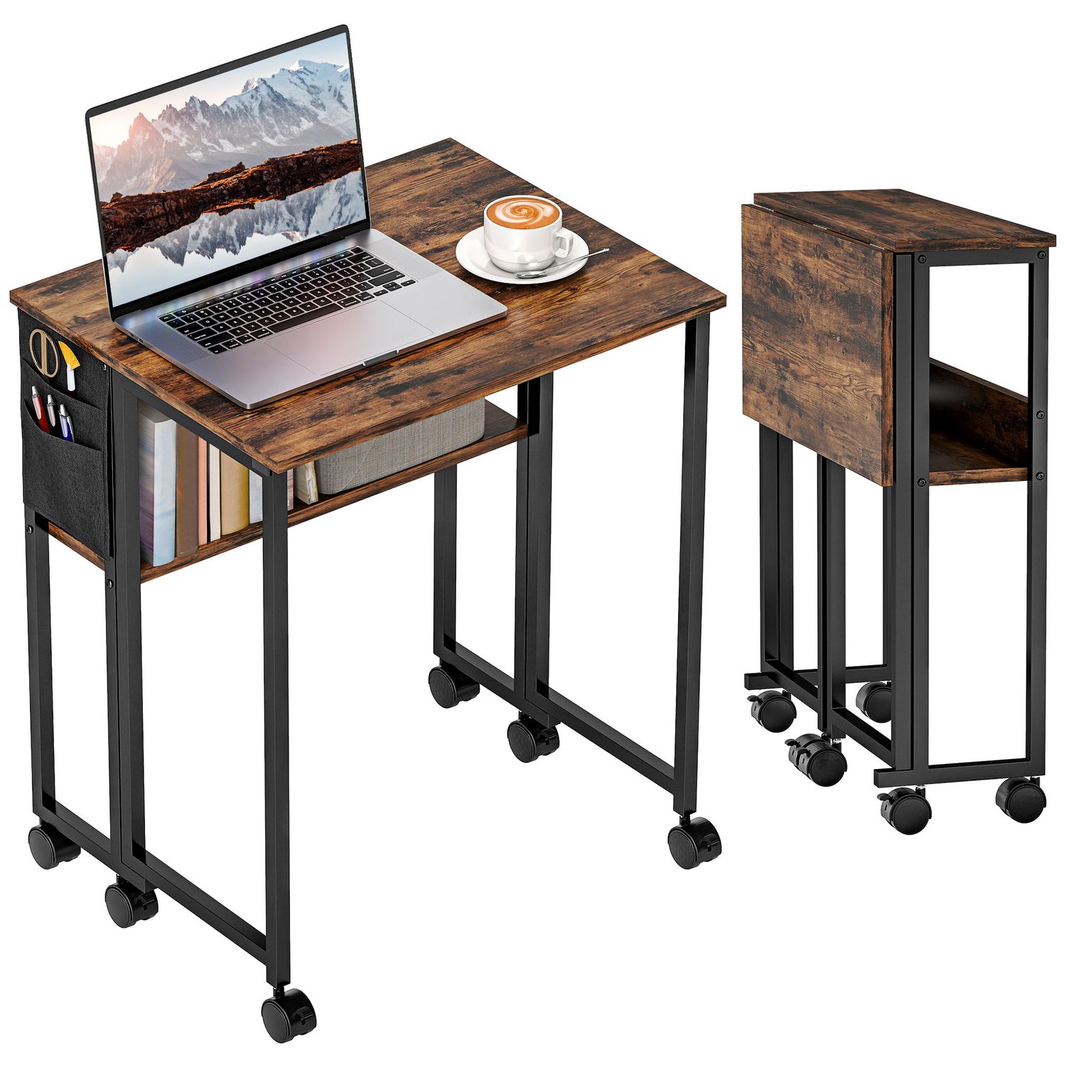 HOMCOM 63cm Foldable Computer Desk on Wheels for Small Spaces - Rustic Brown
