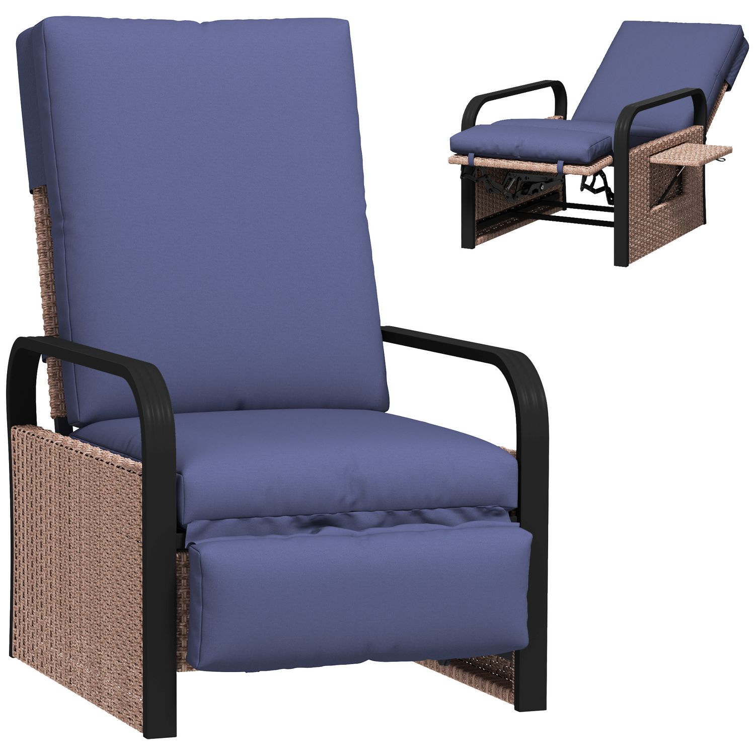 Outsunny Rattan Garden Recliner Chair Sun Lounger w/Side Tray - Brown/Blue