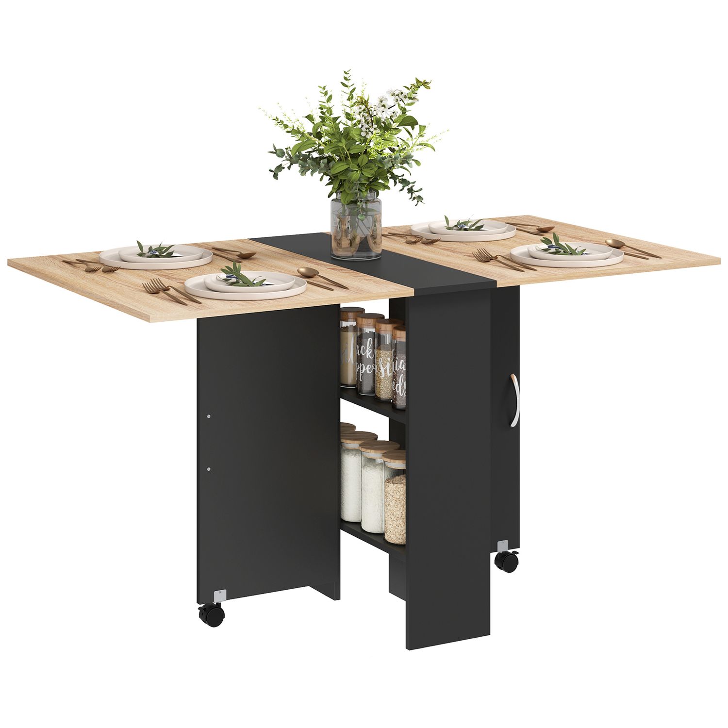 HOMCOM Mobile Drop Leaf Dining Table Folding Desk w/2 Wheels Storage Shelves