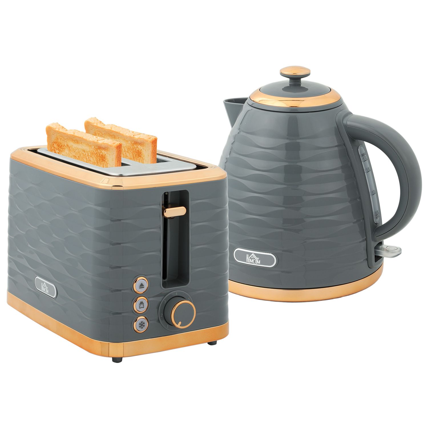 HOMCOM Kettle and Toaster Set 1.7L Rapid Boil Kettle and 2 Slice Toaster - Grey