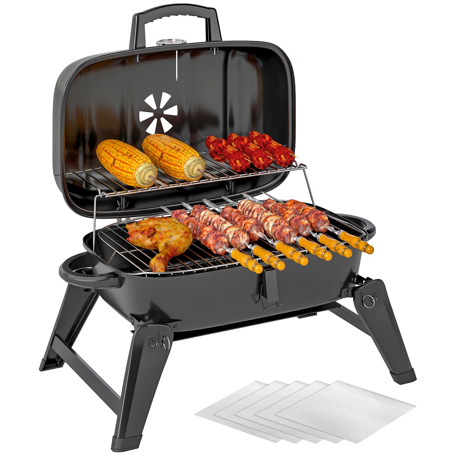 Outsunny Folding Charcoal Barbecue Grill, Portable Bbq for Camping - Black