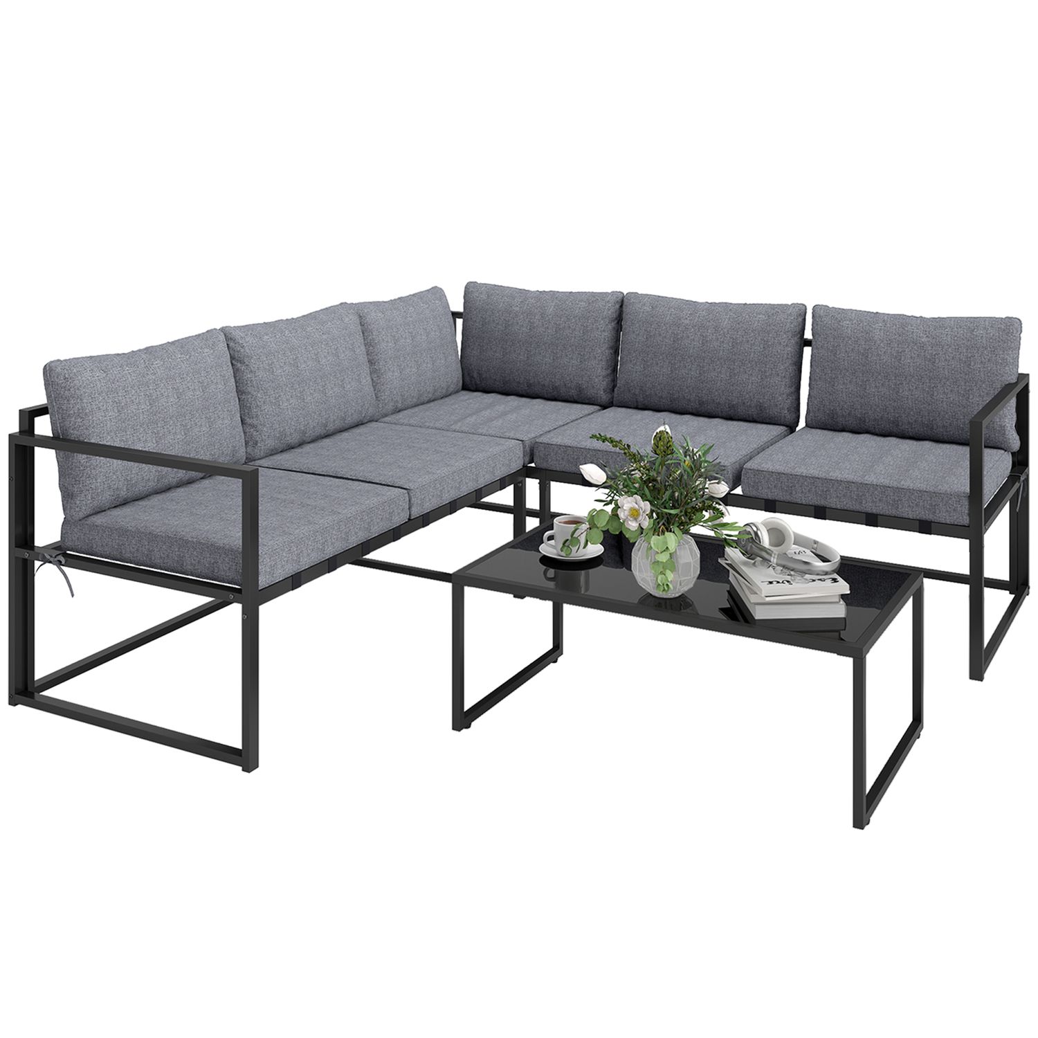 Outsunny 3 Piece L Shaped Garden Furniture Set with Cushions - Grey