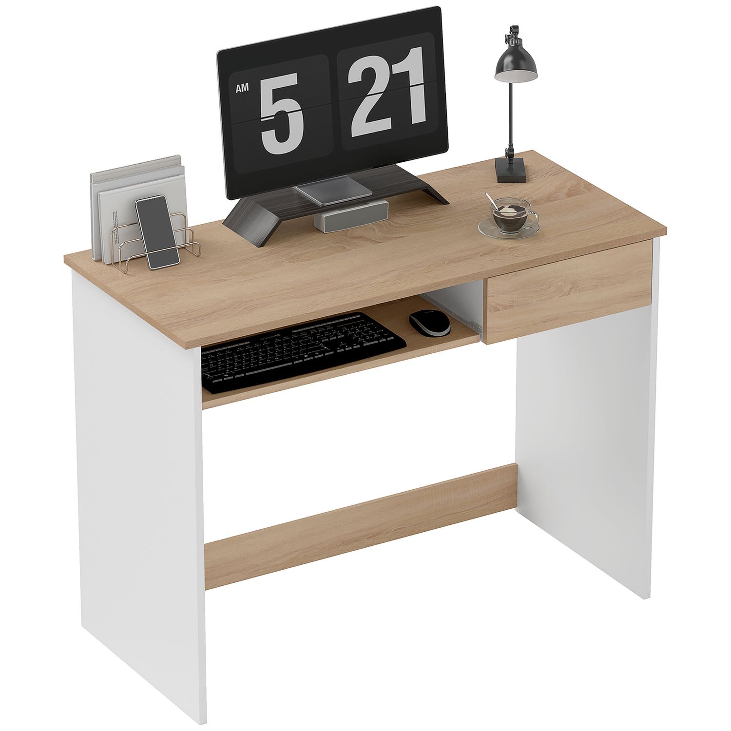 HOMCOM Compact Computer Table with Keyboard Tray and Drawer - Oak
