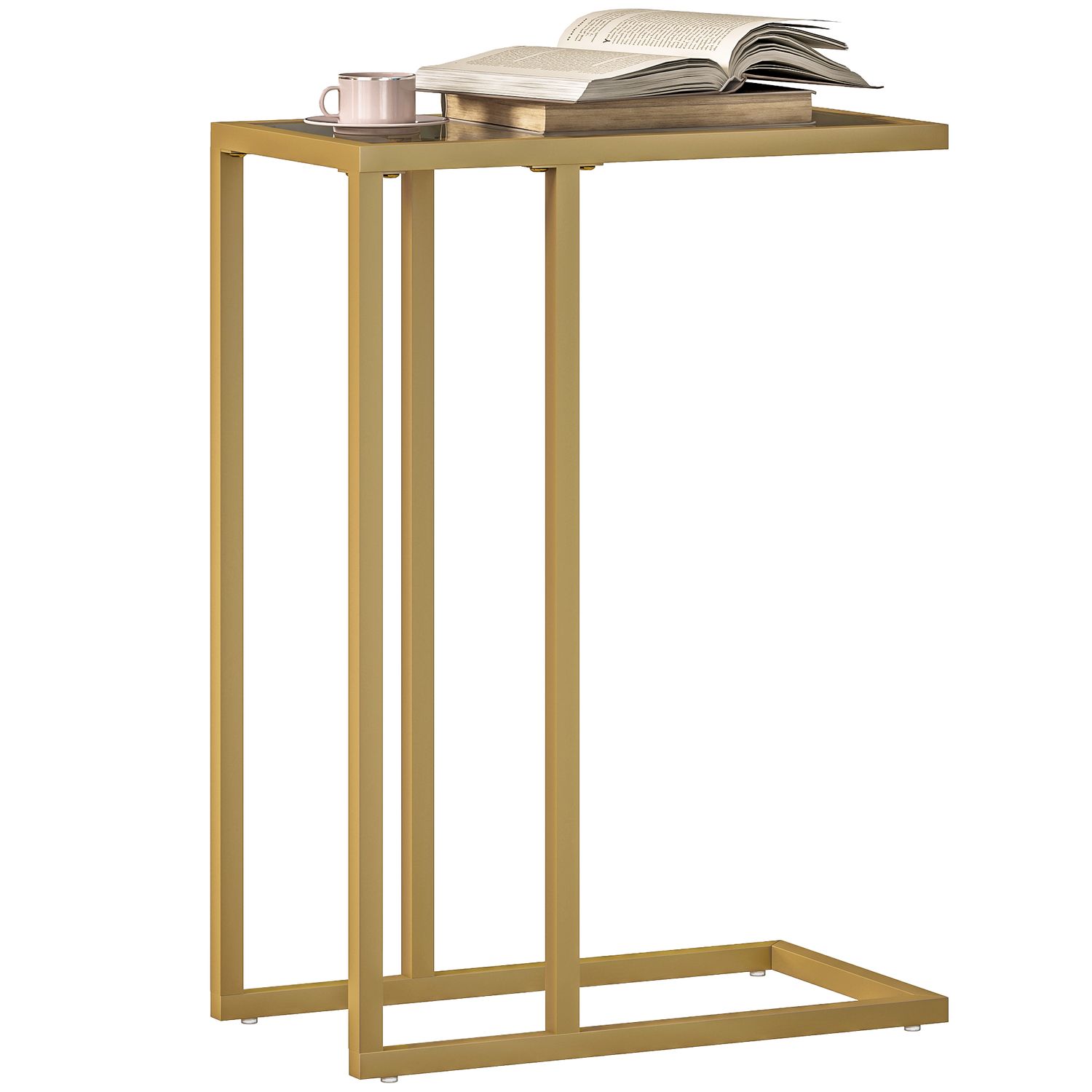 HOMCOM C-Shaped Side Table, End Table with Tempered Glass Tabletop - Gold