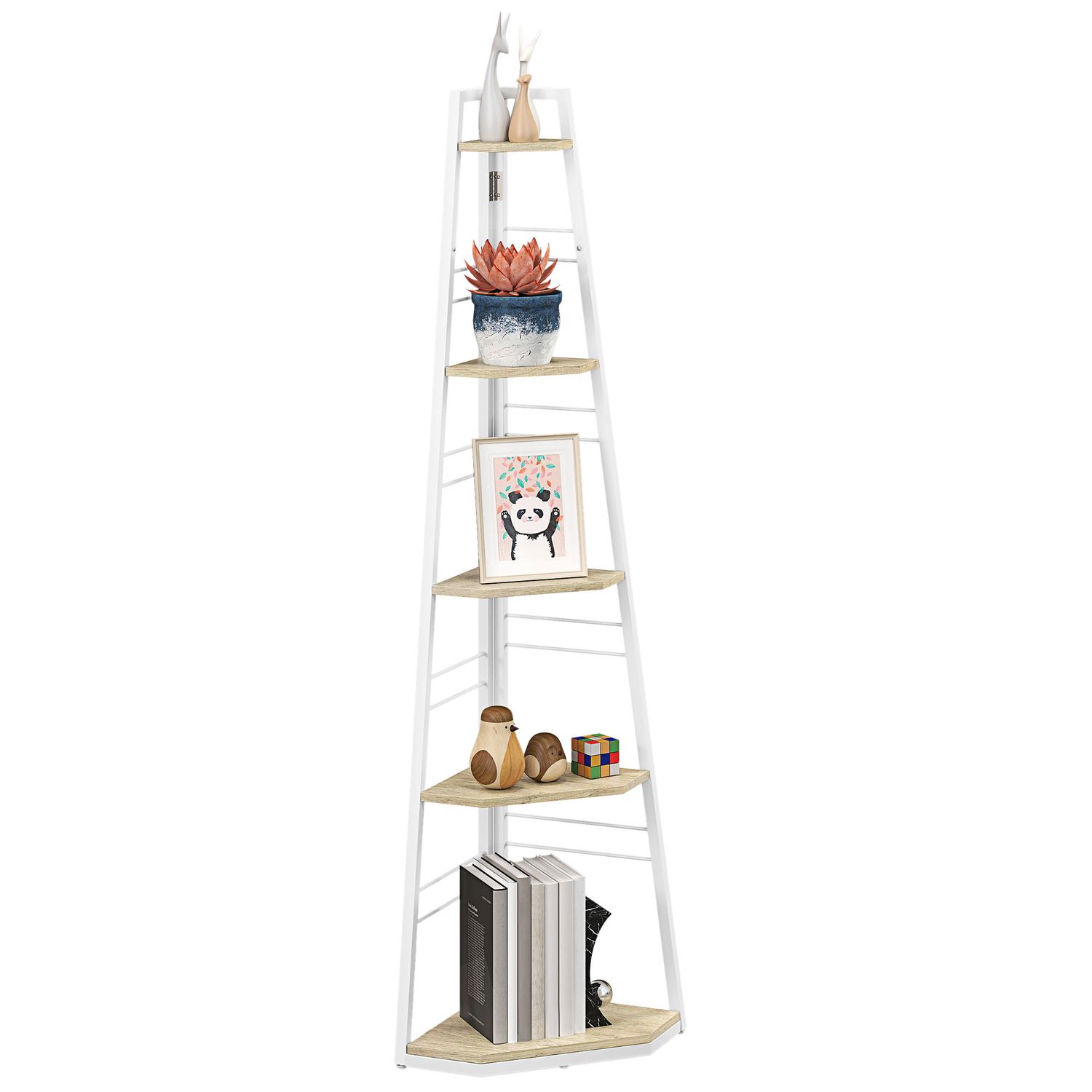 HOMCOM 5-Tier Corner Shelf, Shelving Unit with Adjustable Feet - Natural Wood