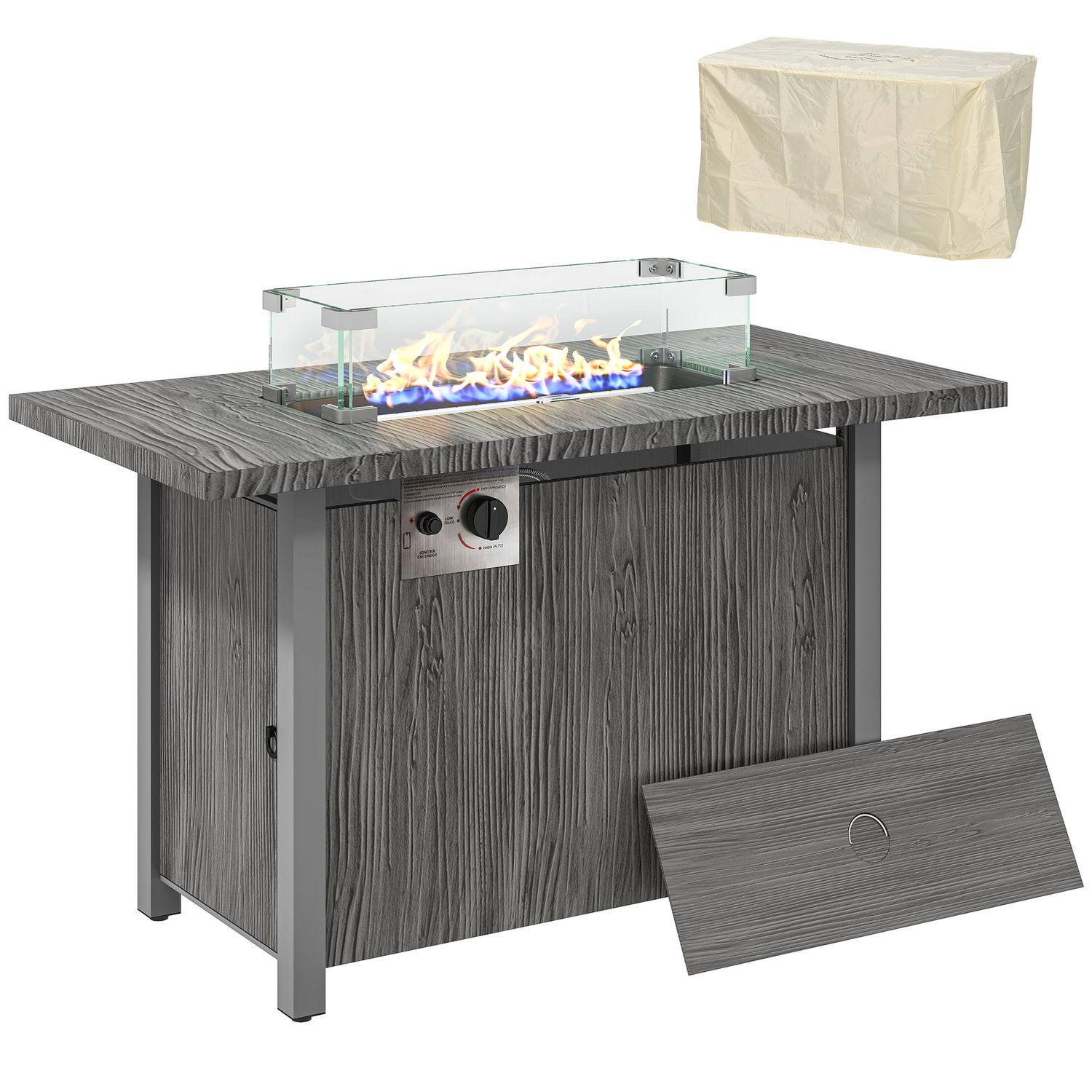 Outsunny Gas Fire Pit Table with 50, 000 BTU Burner, Cover - Dark Grey