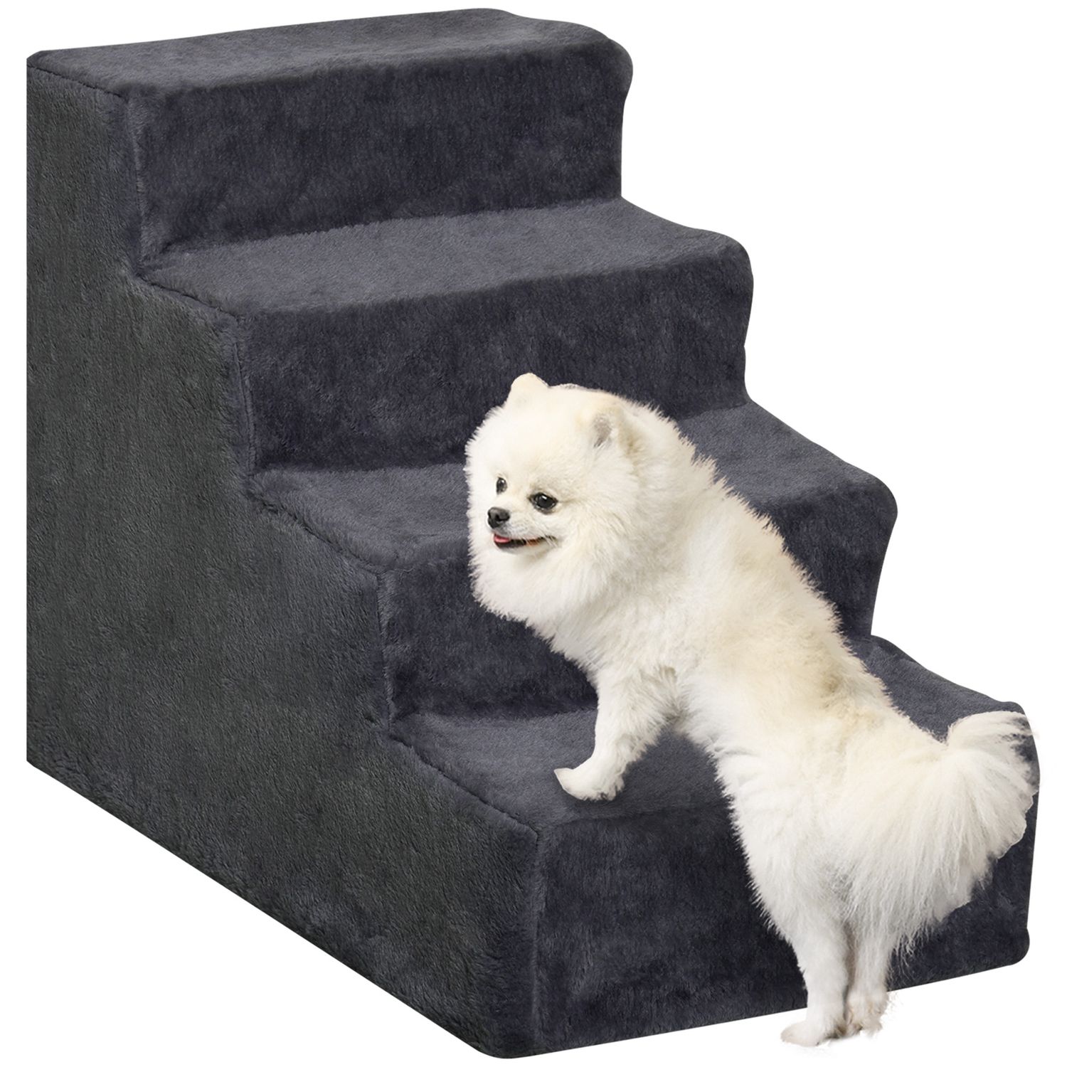 PawHut Four-Step Portable Dog Stairs with Washable Plush Cover - Dark Grey