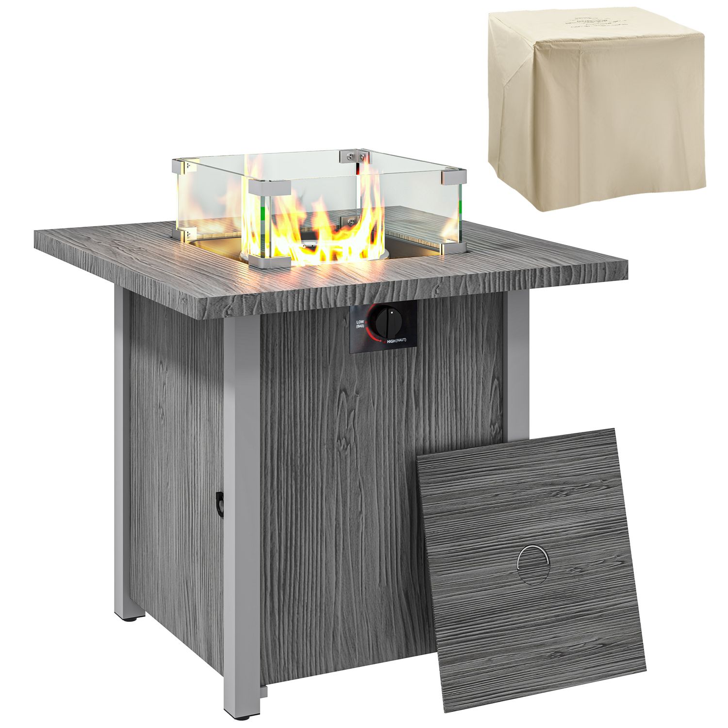 Outsunny Gas Fire Pit Table with 40, 000 BTU Burner, Cover - Dark Grey