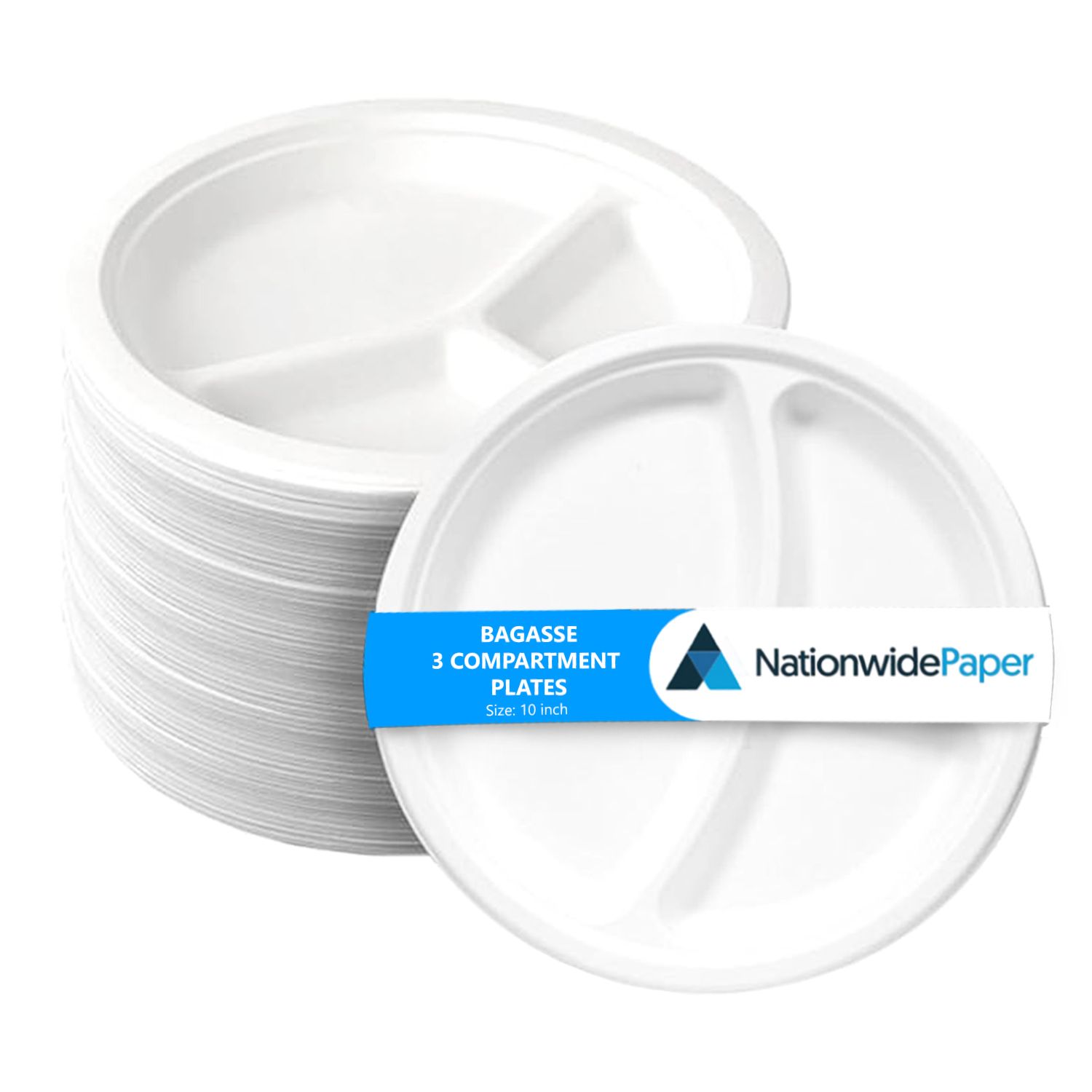 Nationwide Paper 3 Compartment Plates Disposable Eco-Friendly White - you get 10