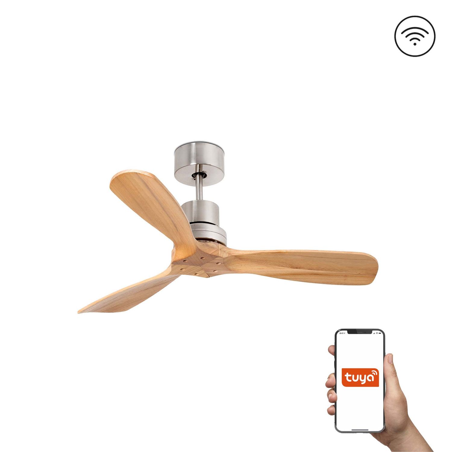 Faro Lighting Mini Lantau Small 3 Blade Ceiling Fan Satin Nickel Light Pine Tuya
