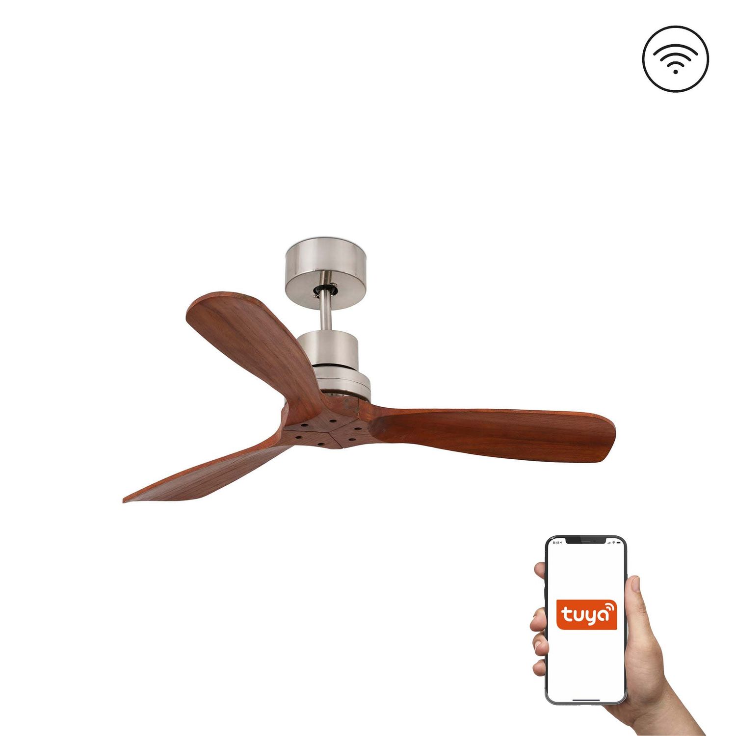 Faro Lighting Mini Lantau Small 3 Blade Ceiling Fan Satin Nickel Pine Tuya Smart
