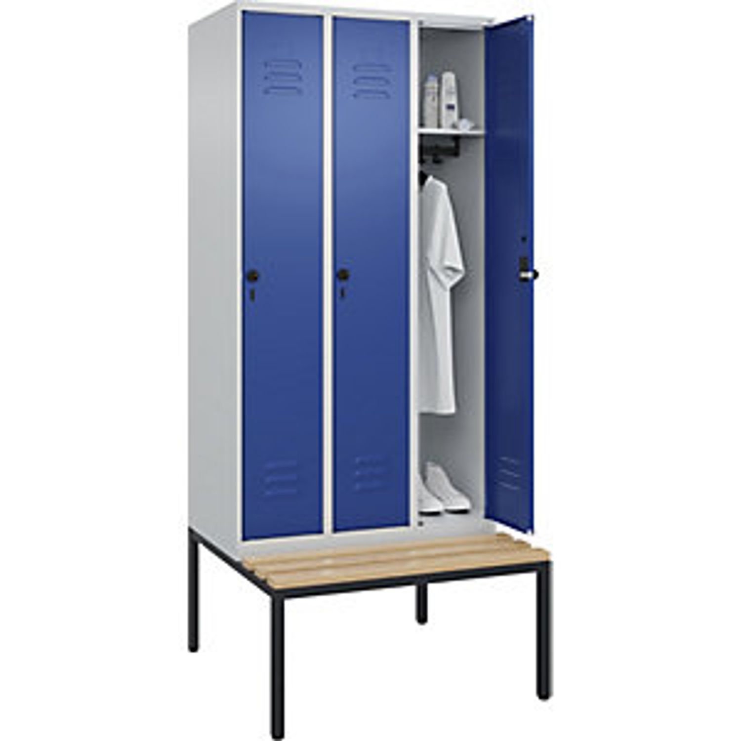 C&P Classic Plus Bench Seat Clothes Locker 3 Compartments Light Grey/gentian Blu