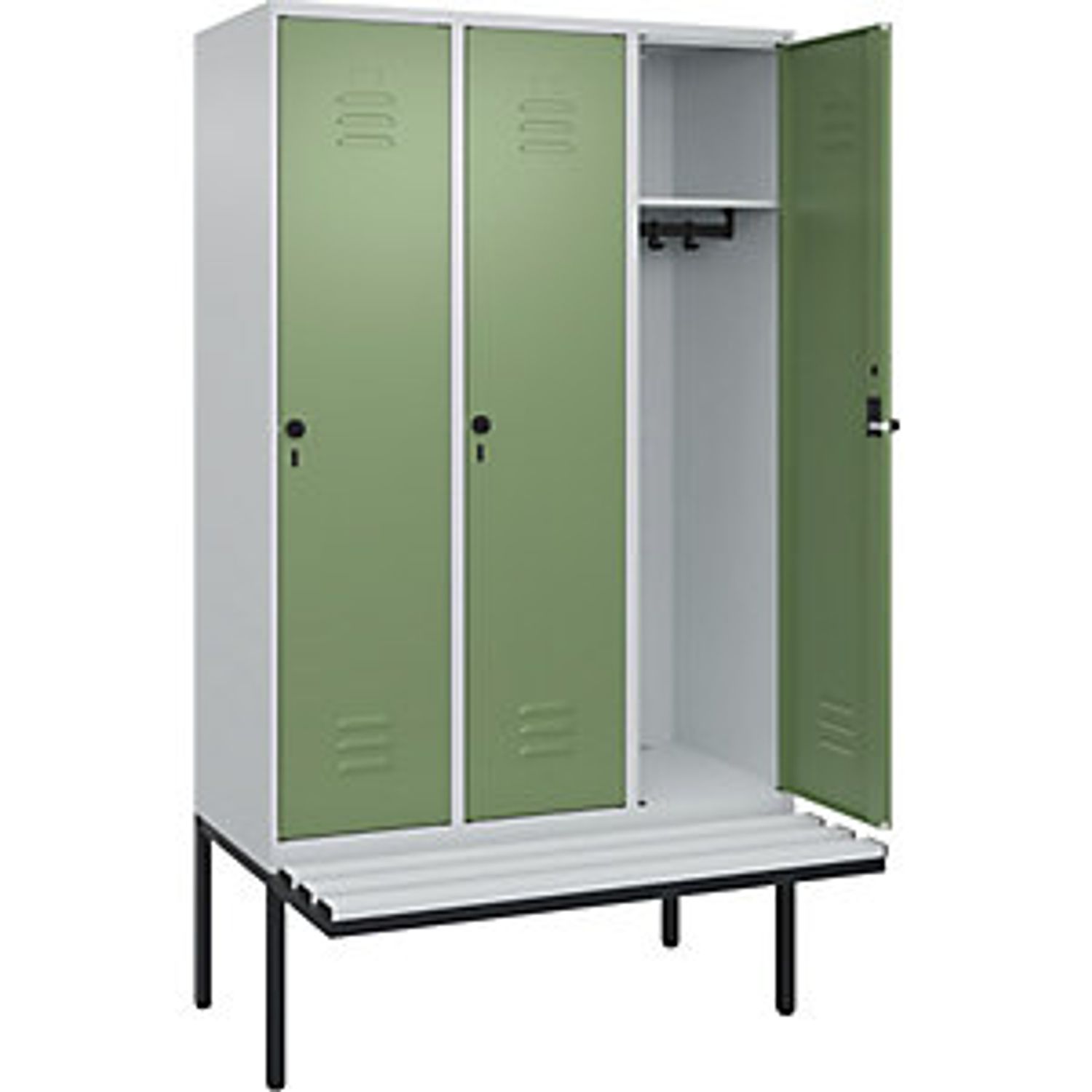 C&P Classic Plus Bench Seat Clothes Locker 3 Compartments Light Grey/reseda Gree
