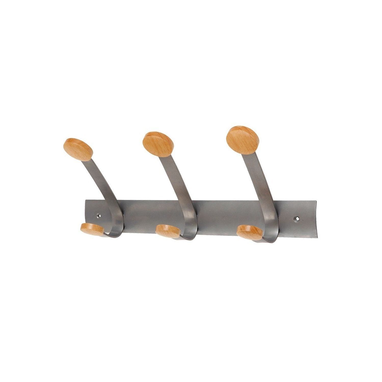Alba Wall Coat Hooks 3 Double Pegs Silver Grey Steel/Light Wood - L46xW18x12cm