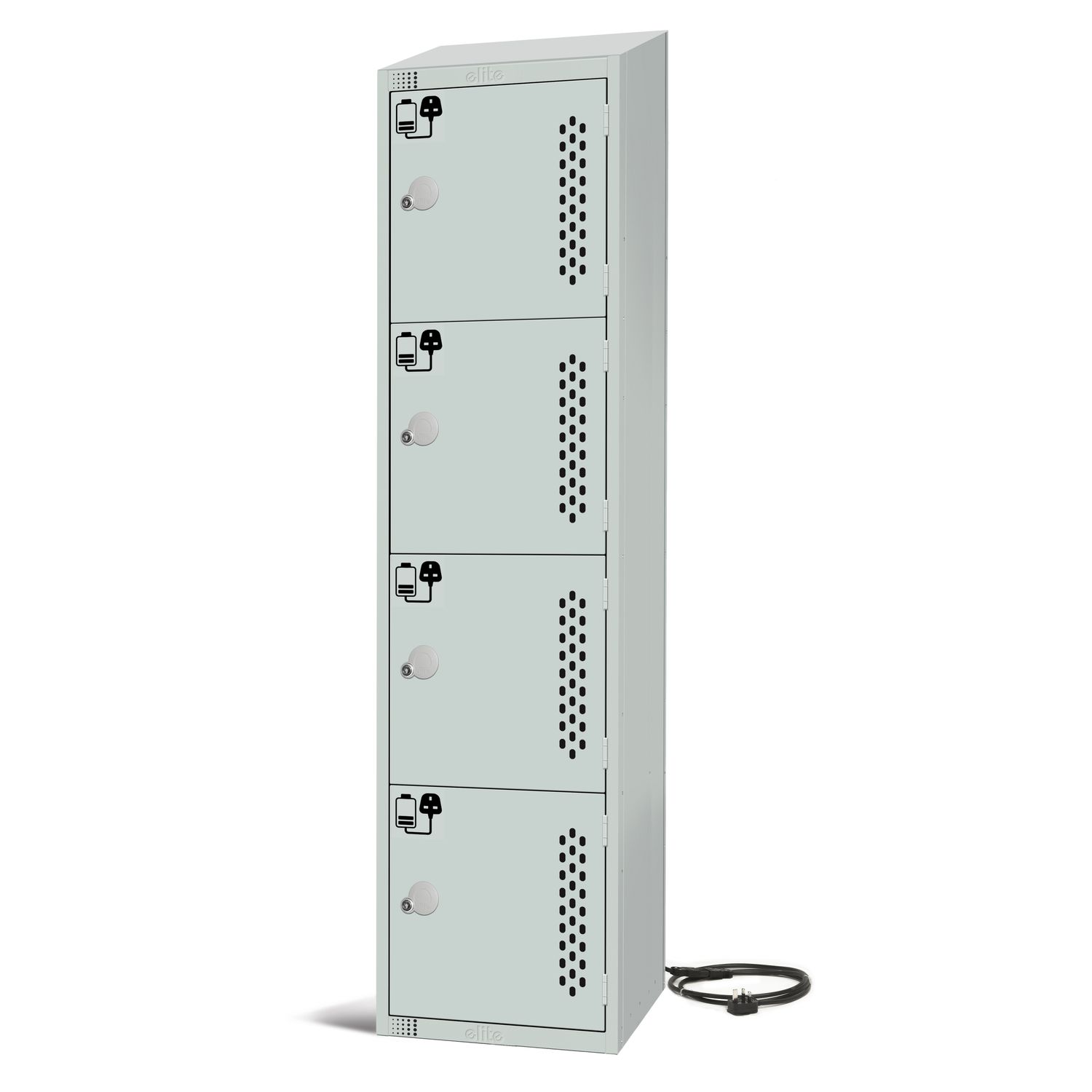 Elite Lockers Four Door 3 Pin Socket 240V Charging Locker/Grey Doors/Key Lock/Sl