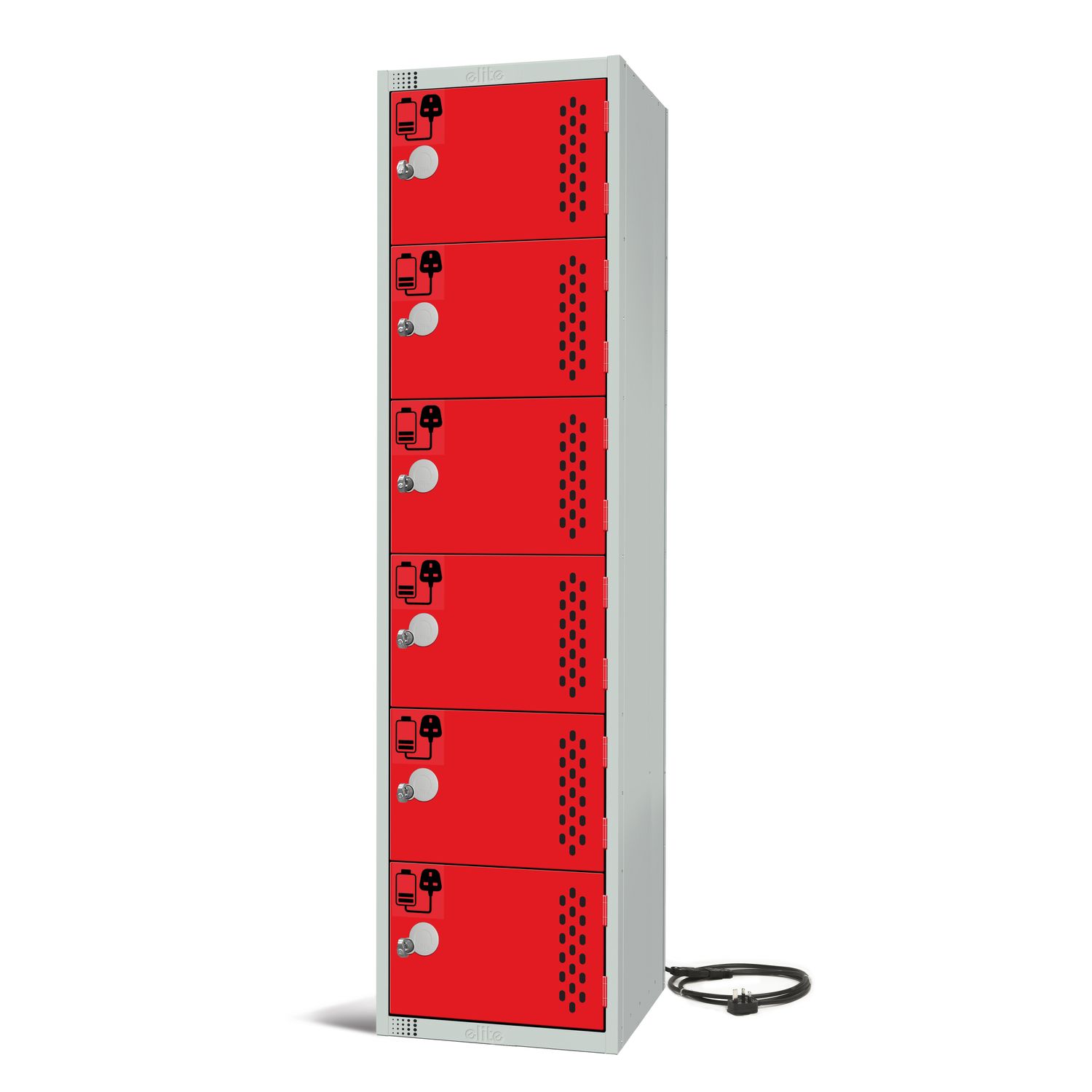 Elite Lockers Six Door 3 Pin Socket 240V Charging Locker/Red Doors/Key Locks/Fla