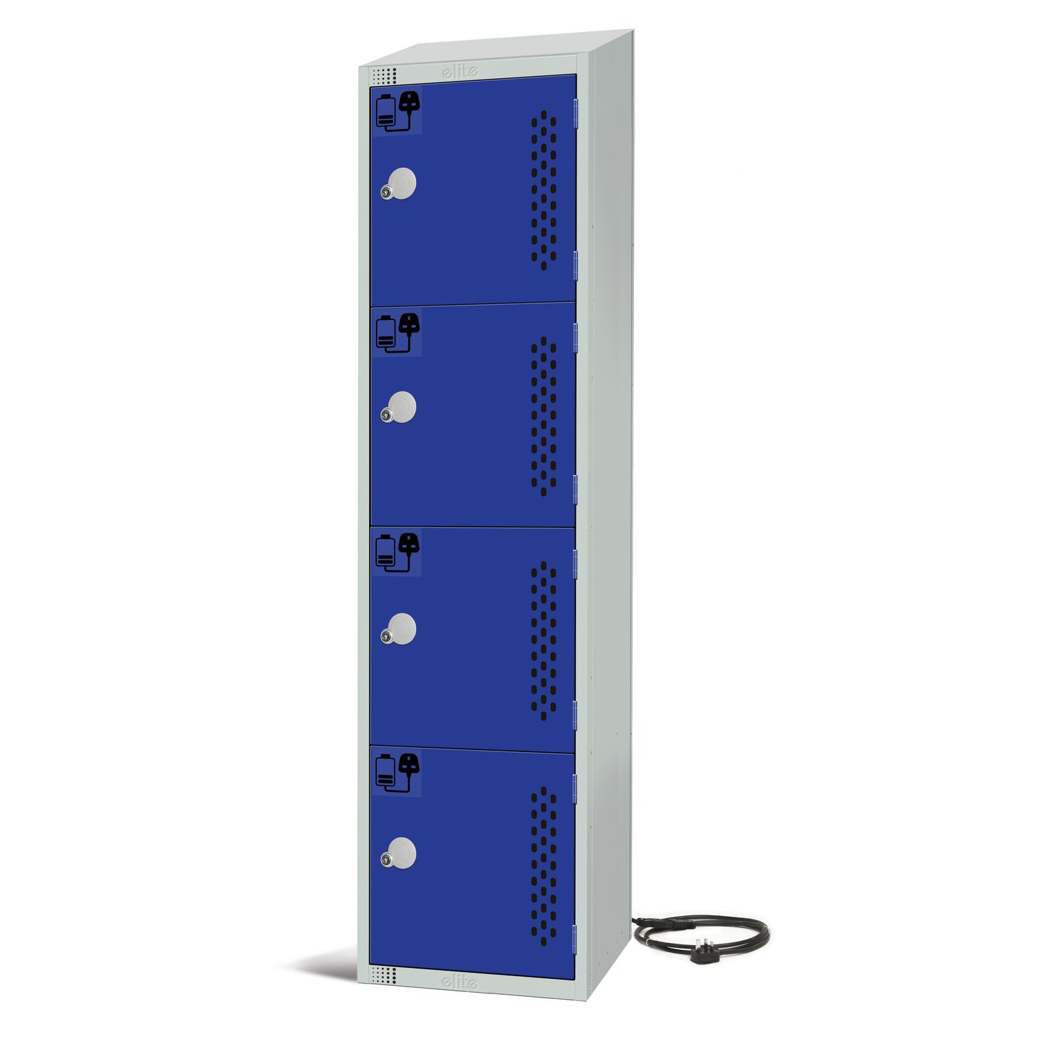 Elite Lockers Four Door 3 Pin Socket 240V Charging Locker/Blue Doors/Key Lock/Sl
