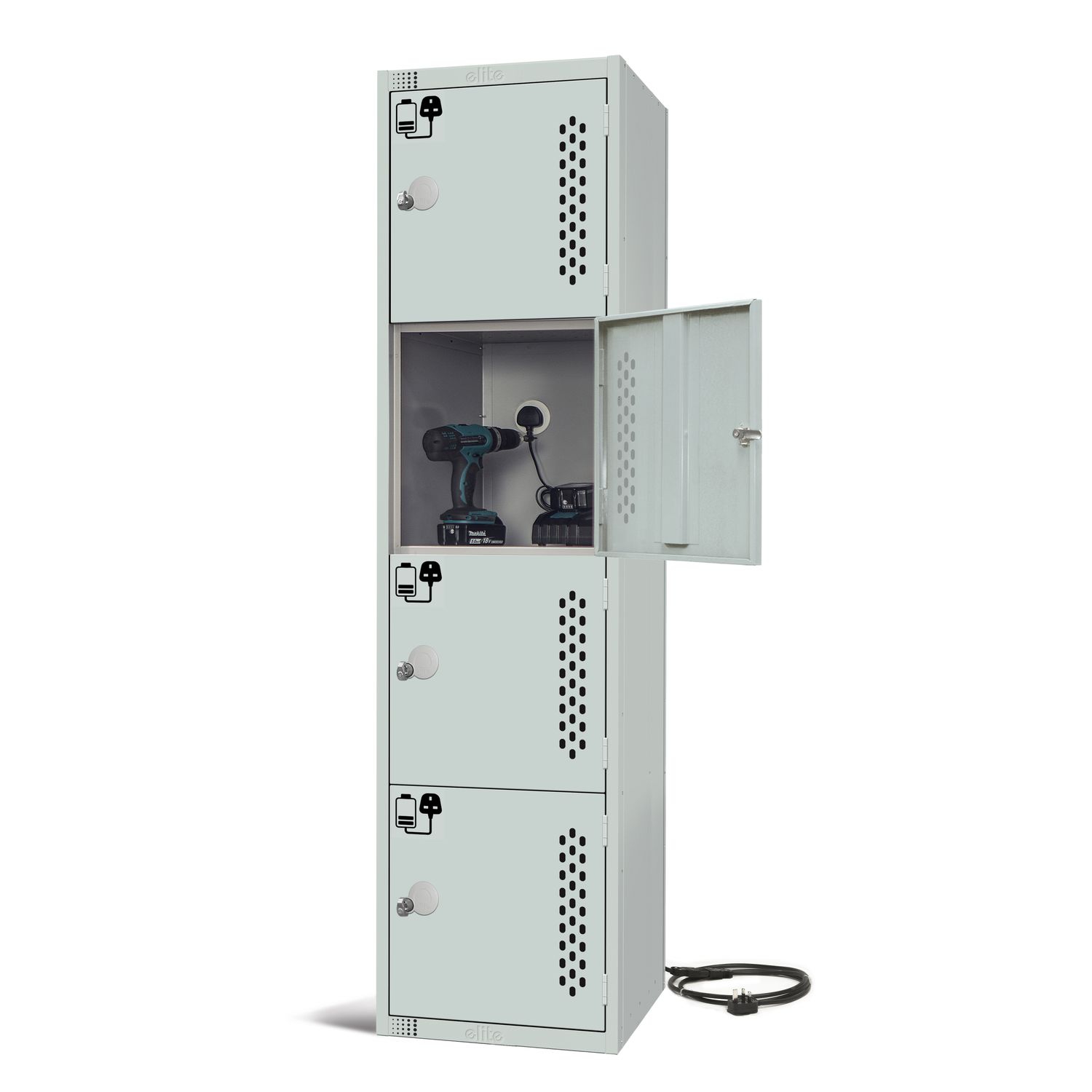 Elite Lockers Four Door 3 Pin Socket 240V Charging Locker/Grey Doors/Padlock Fit