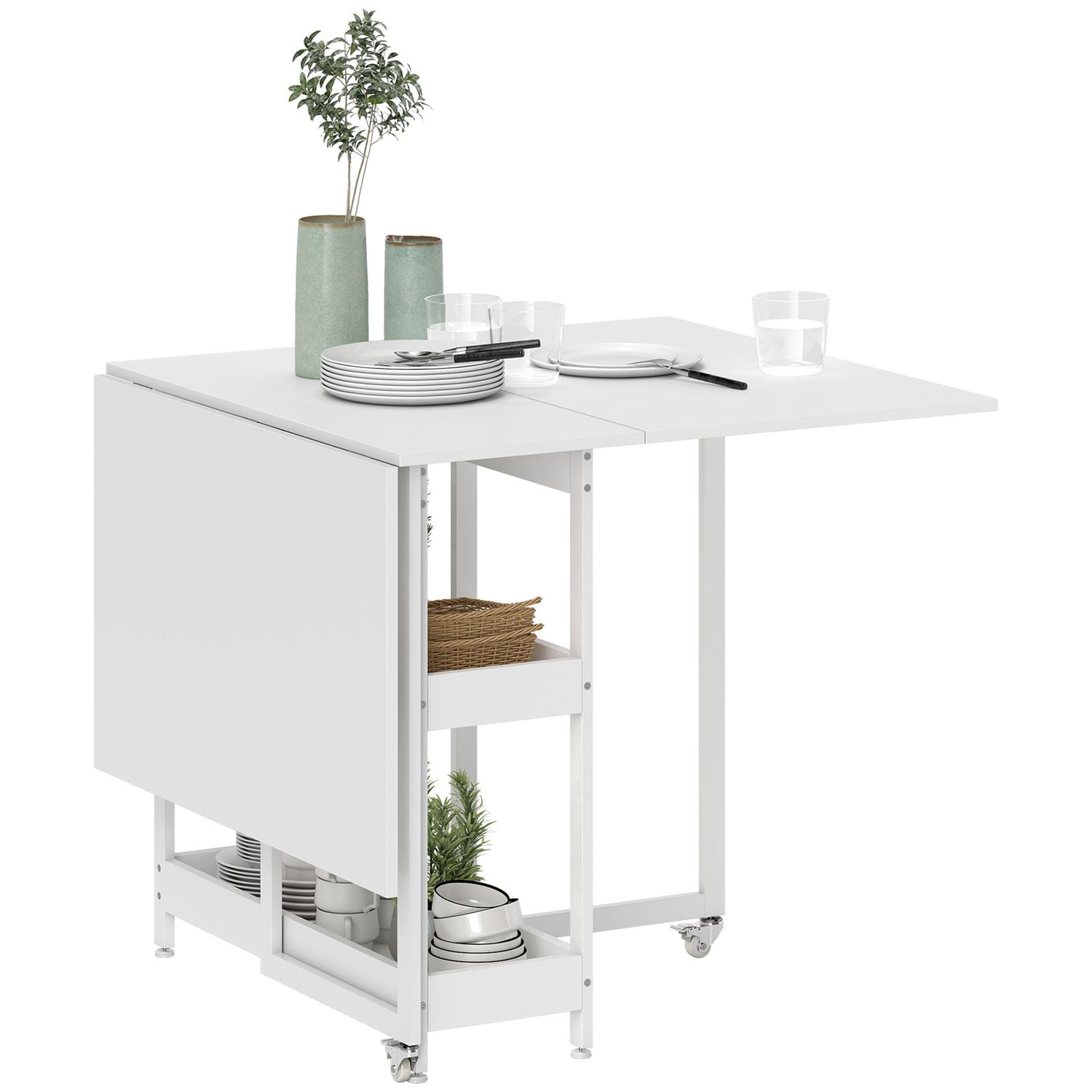HOMCOM Folding Dining Table Drop Leaf Table with Open Compartments White