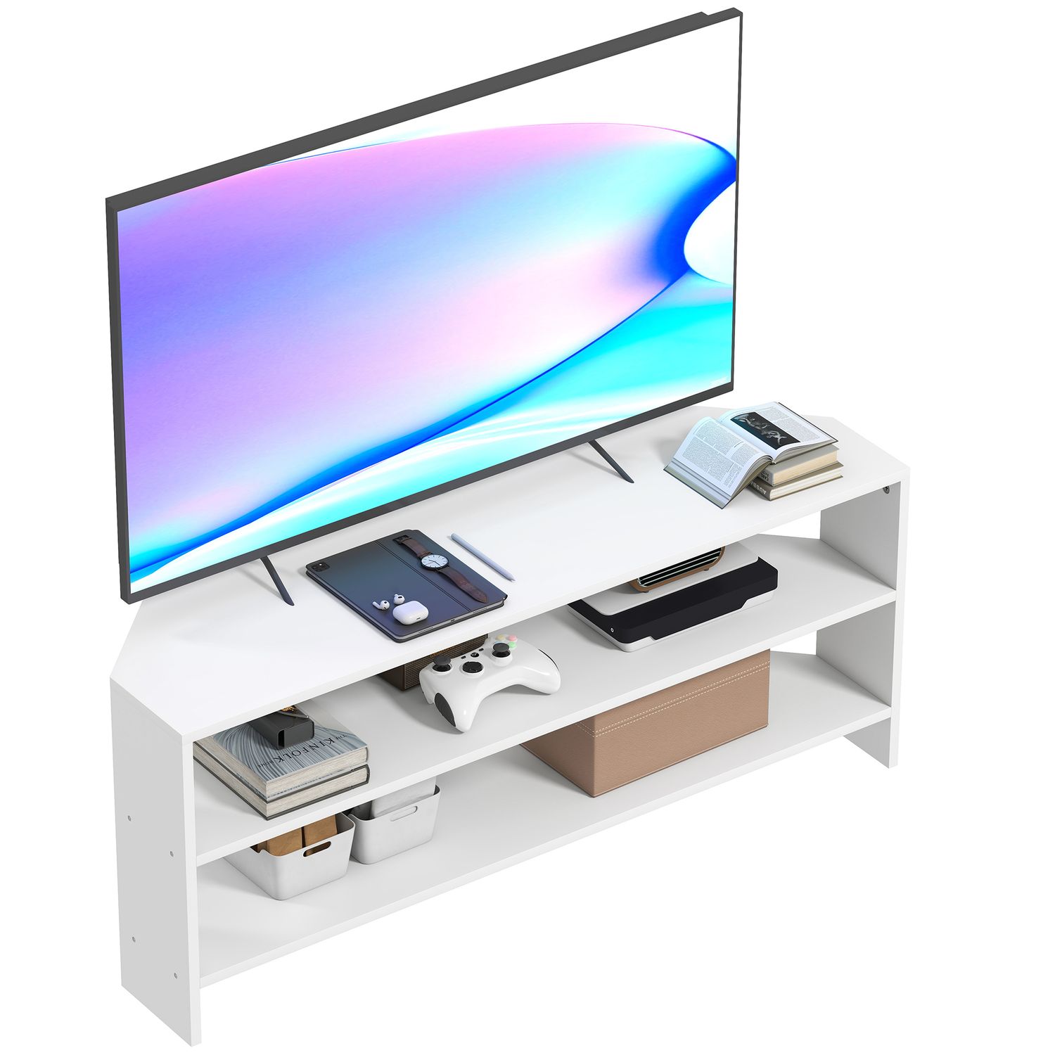 HOMCOM Corner TV Stand TV Unit with Open Shelves for 47 Inch TV White
