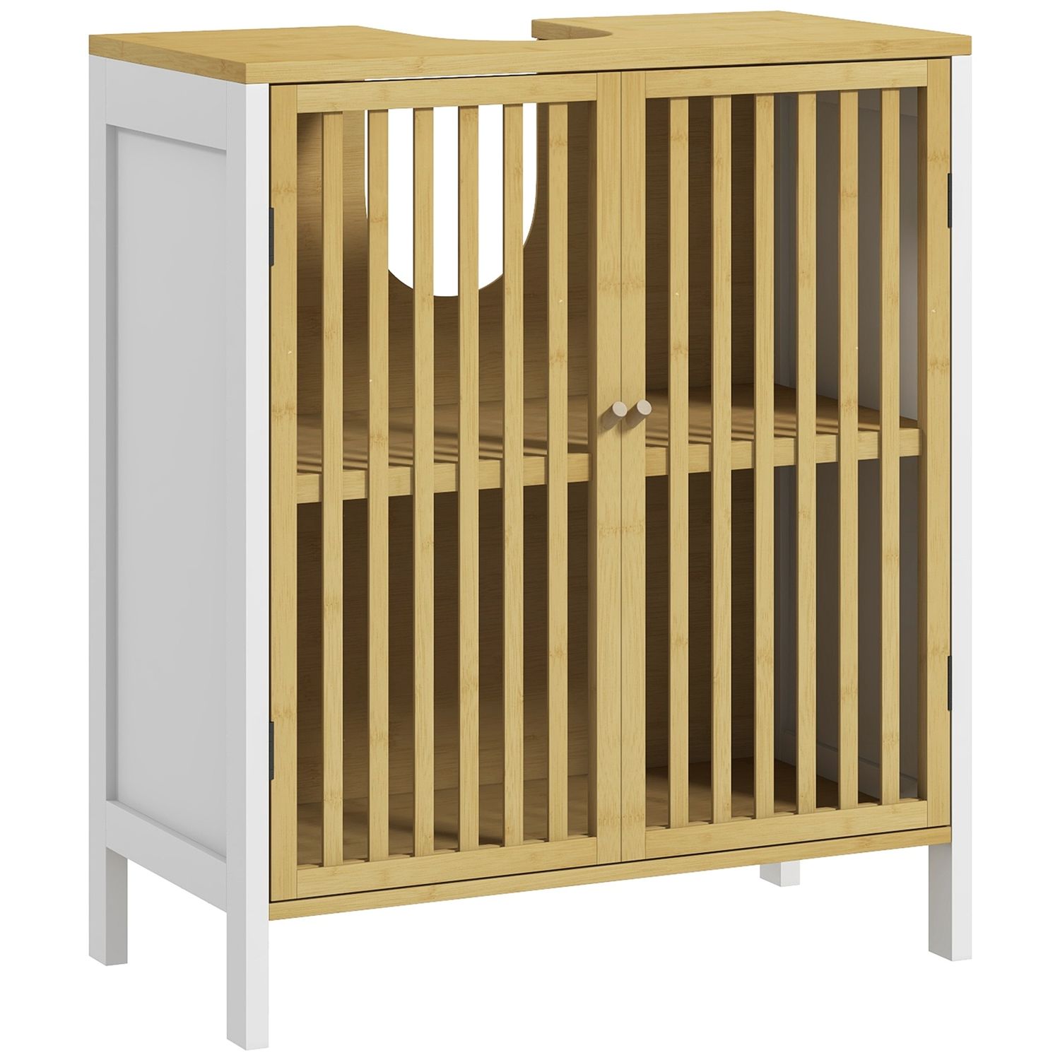 HOMCOM Under Sink Bathroom Cabinet Bamboo Sink Storage Cabinet Slat Doors