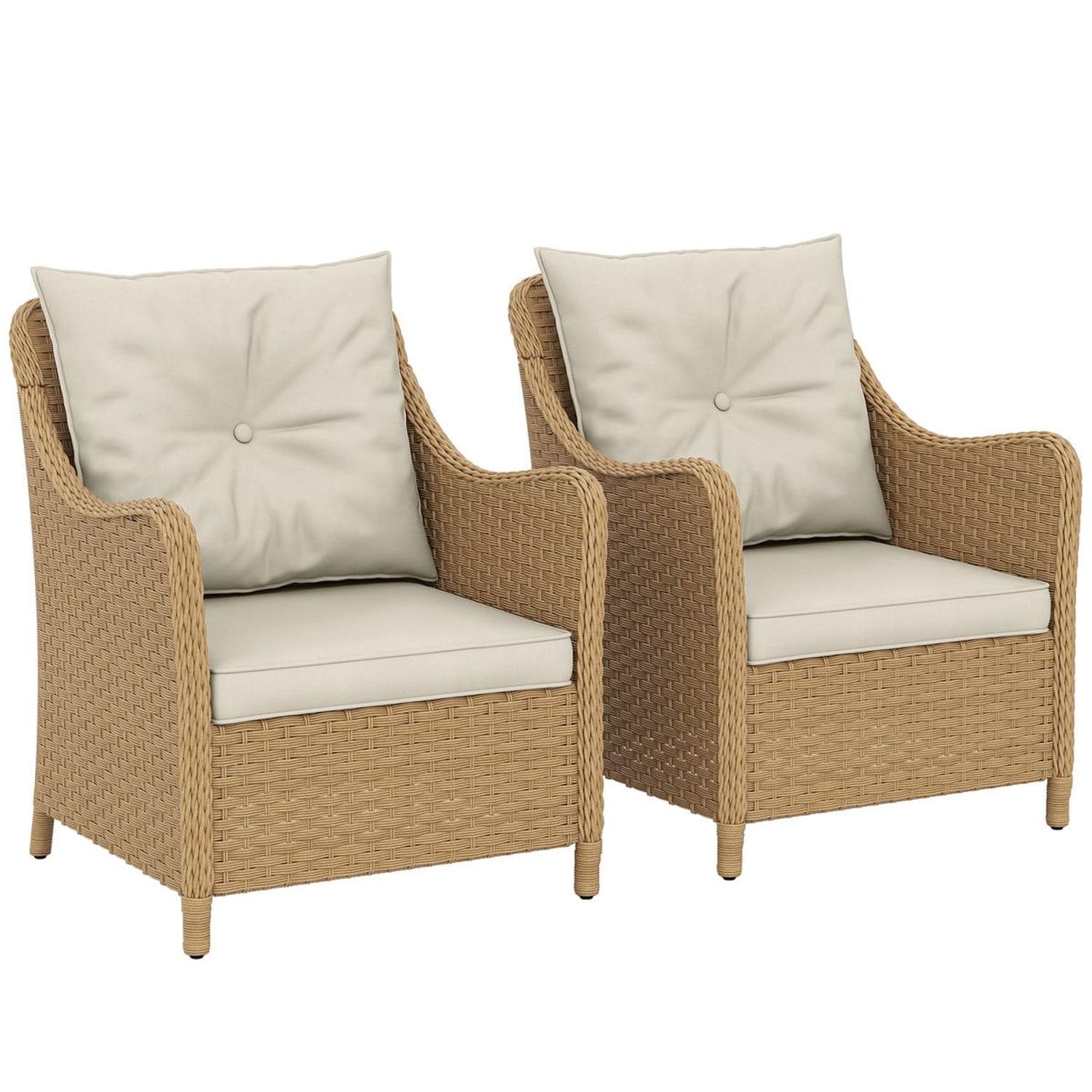 Outsunny 2 Pieces Rattan Garden Chairs Cushioned Rattan Chairs Beige