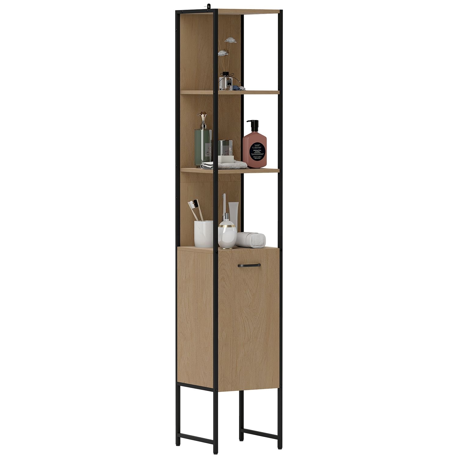 HOMCOM Tall Bathroom Cabinet with 3 Open Shelves Adjustable Shelf Natural