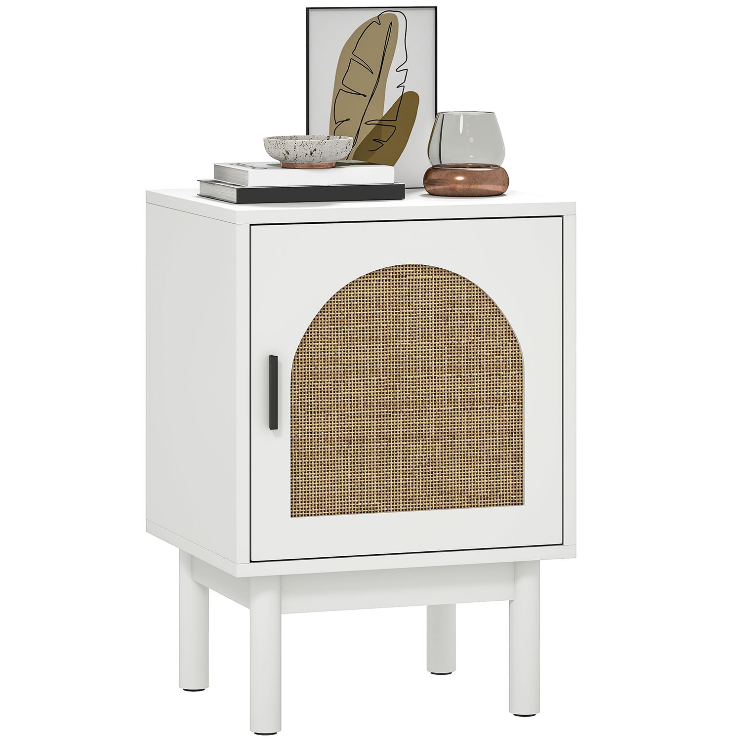 HOMCOM Boho Bedside Table with Rattan Door and Adjustable Shelf White