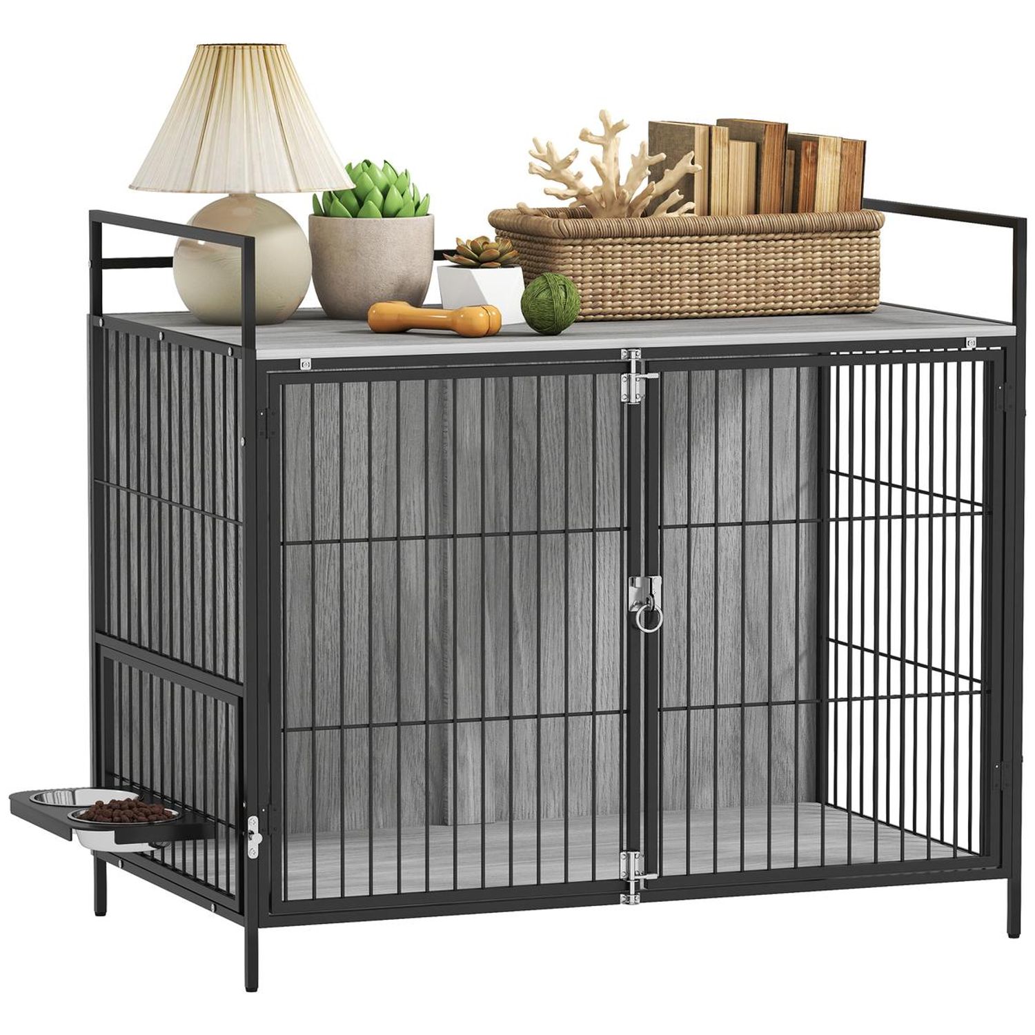 PawHut Dog Crate Furniture with Rotating Bowl Holder for Large Dogs Grey