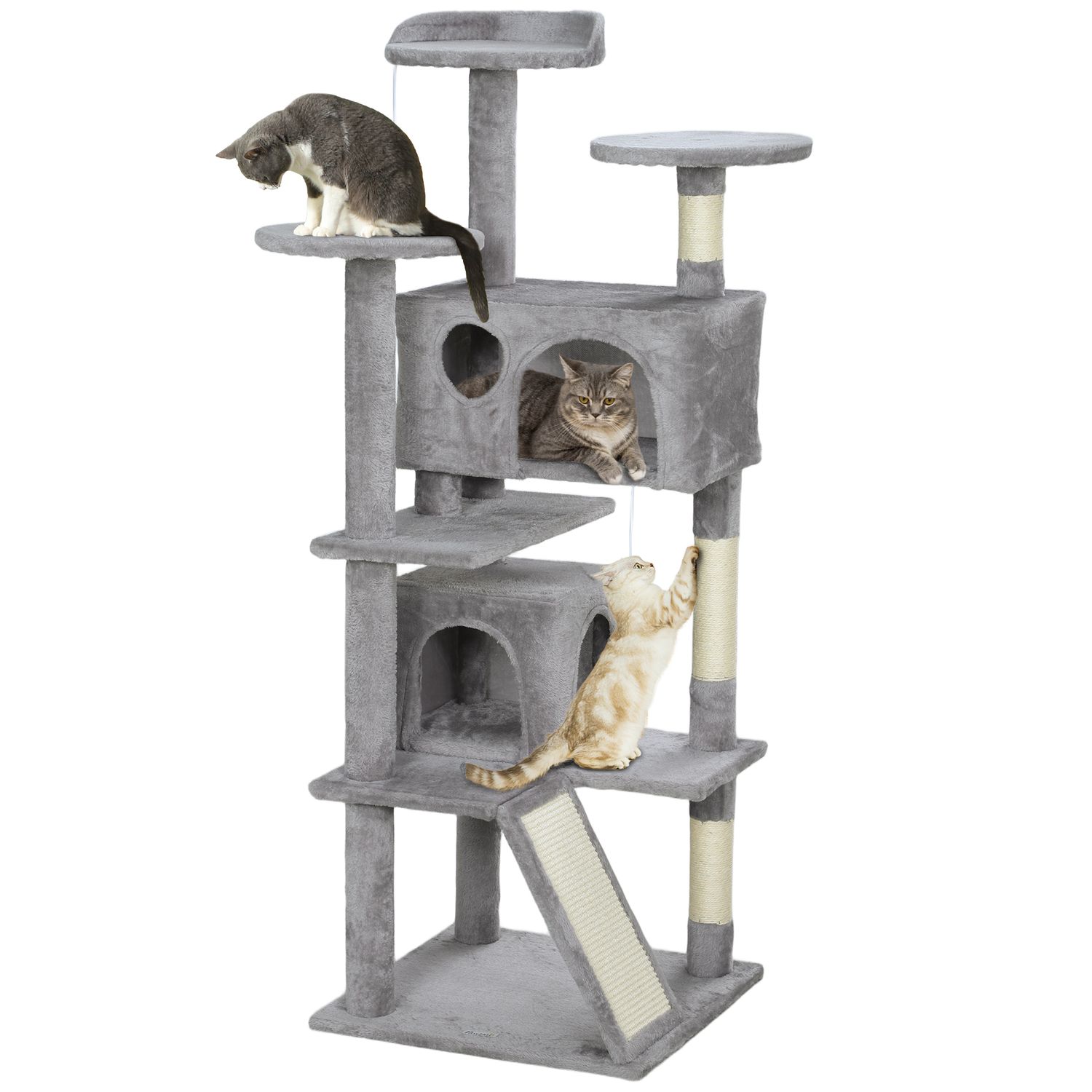 PawHut 138cm Cat Tree with Scratching Posts and Pad Bed Condos Light Grey