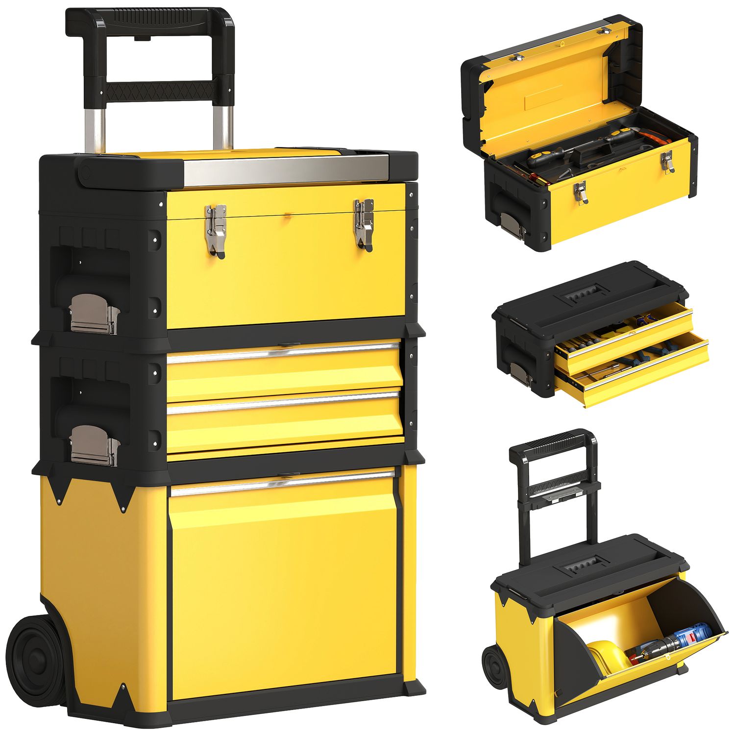 HOMCOM 3-Tier Tool Box with Wheels Stackable Steel Toolbox Yellow