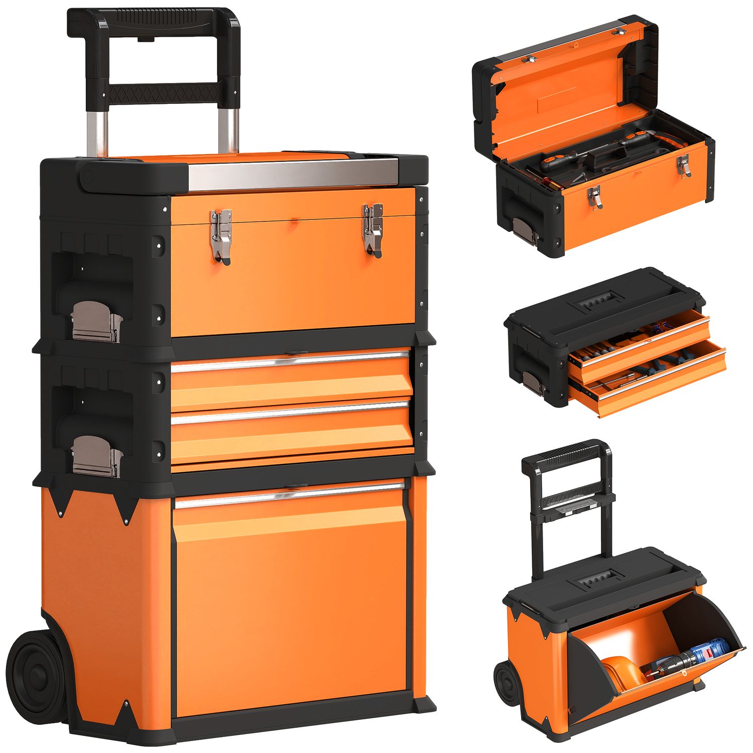 HOMCOM 3-Tier Tool Box with Wheels Stackable Steel Toolbox Orange