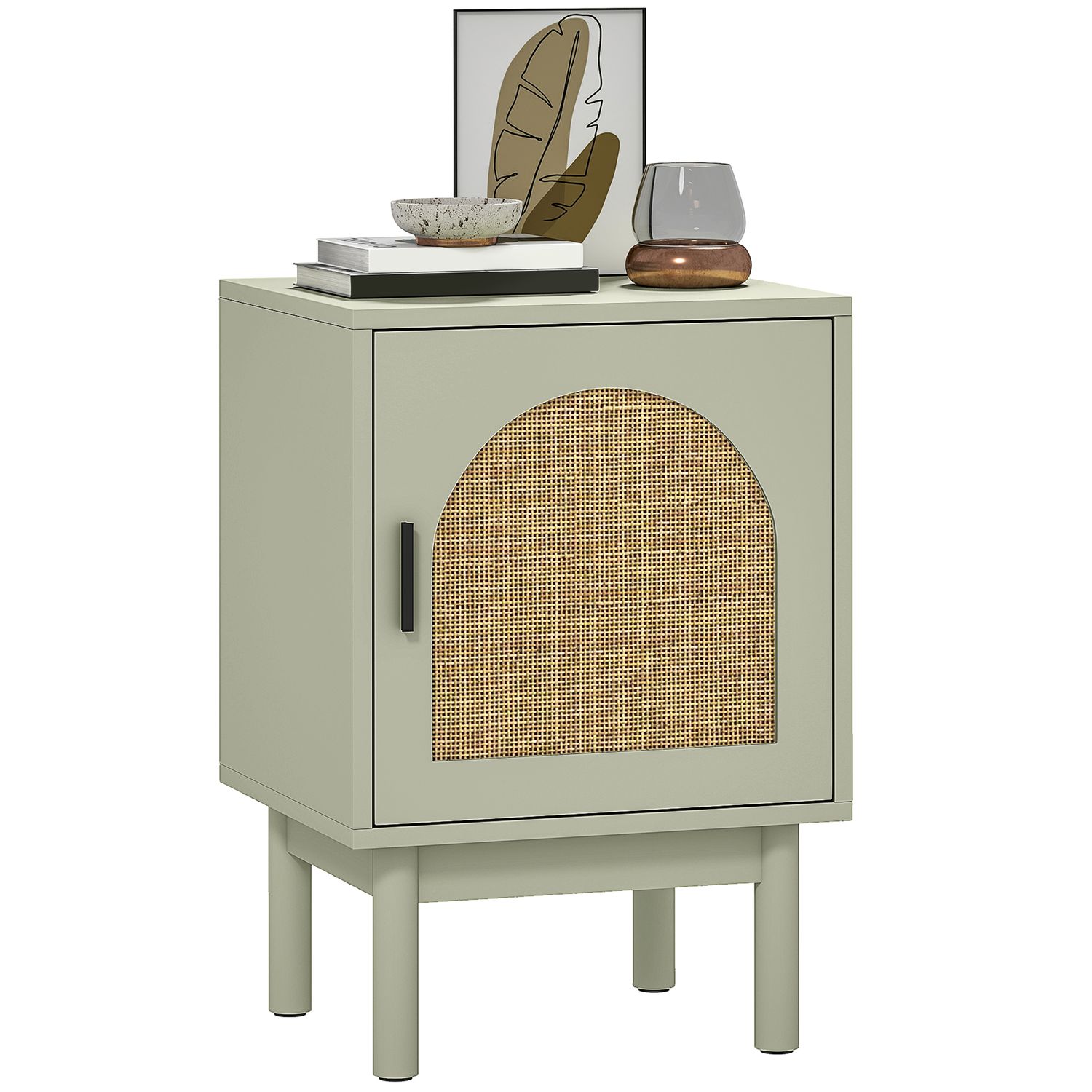 HOMCOM Boho Bedside Table with Rattan Door and Adjustable Shelf Light Green