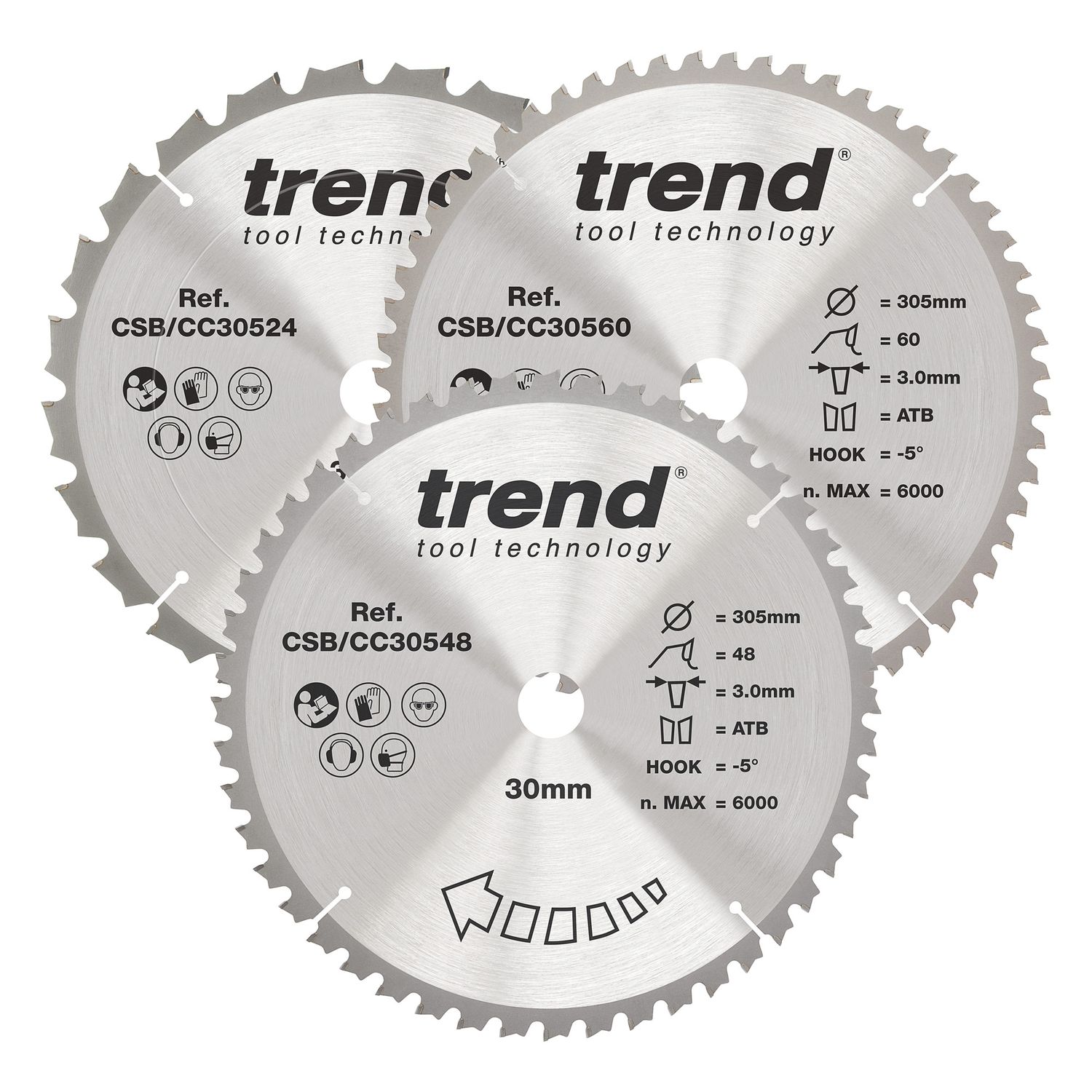 Trend Wood Mitre Saw Blade 305mm x 30mm x 24/48/60T, 3 Pack