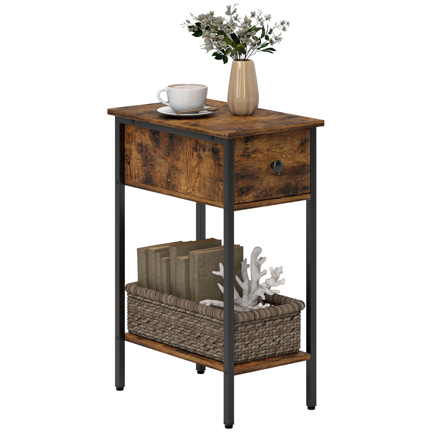 HOMCOM Industrial Slim End Table Nightstand for Small Spaces - Rustic Brown