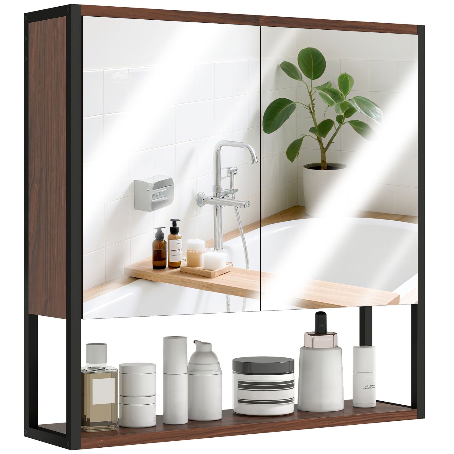 HOMCOM Industrial Bathroom Cabinet with 2 Mirrored Doors Open Shelf - Natural