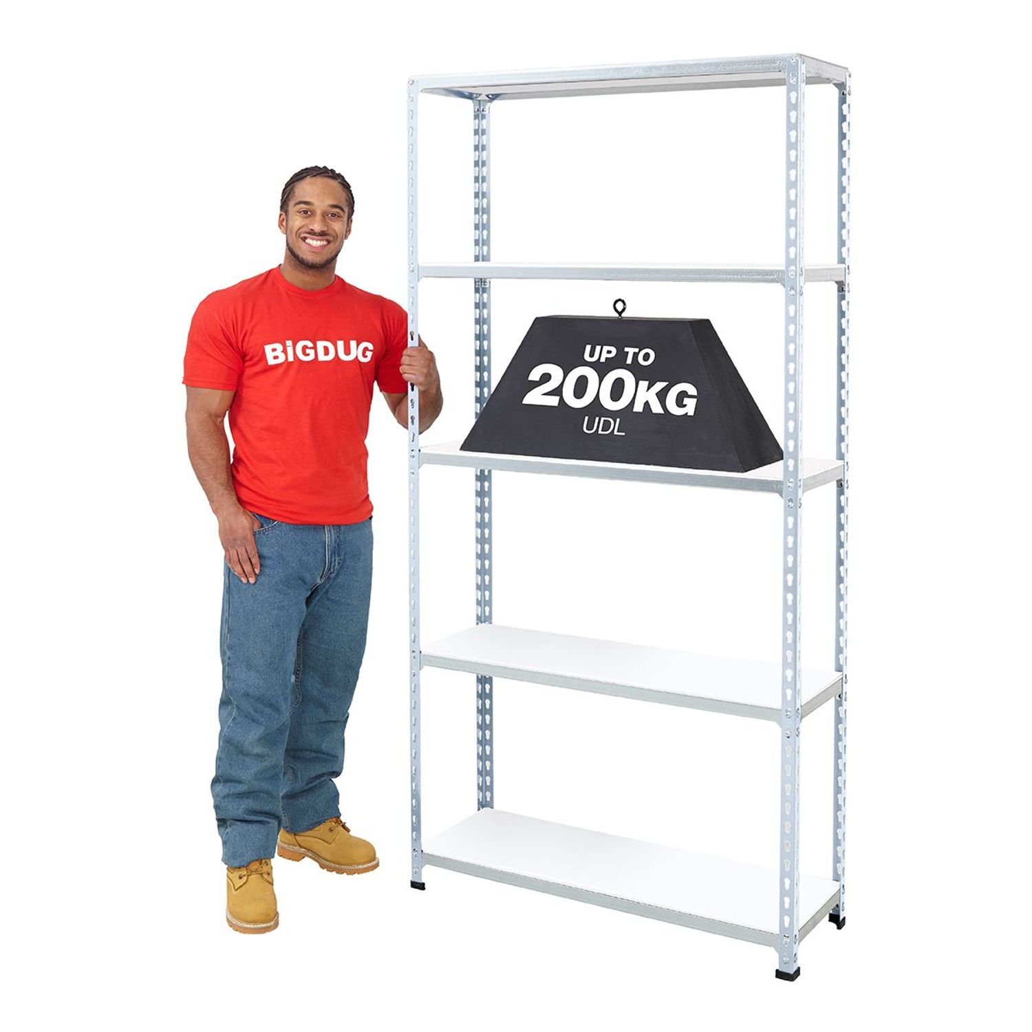 BIGDUG BiG200 Melamine Shelving 1830h x 1220w x 305d mm 5 Level 140Kg UDL Galvan