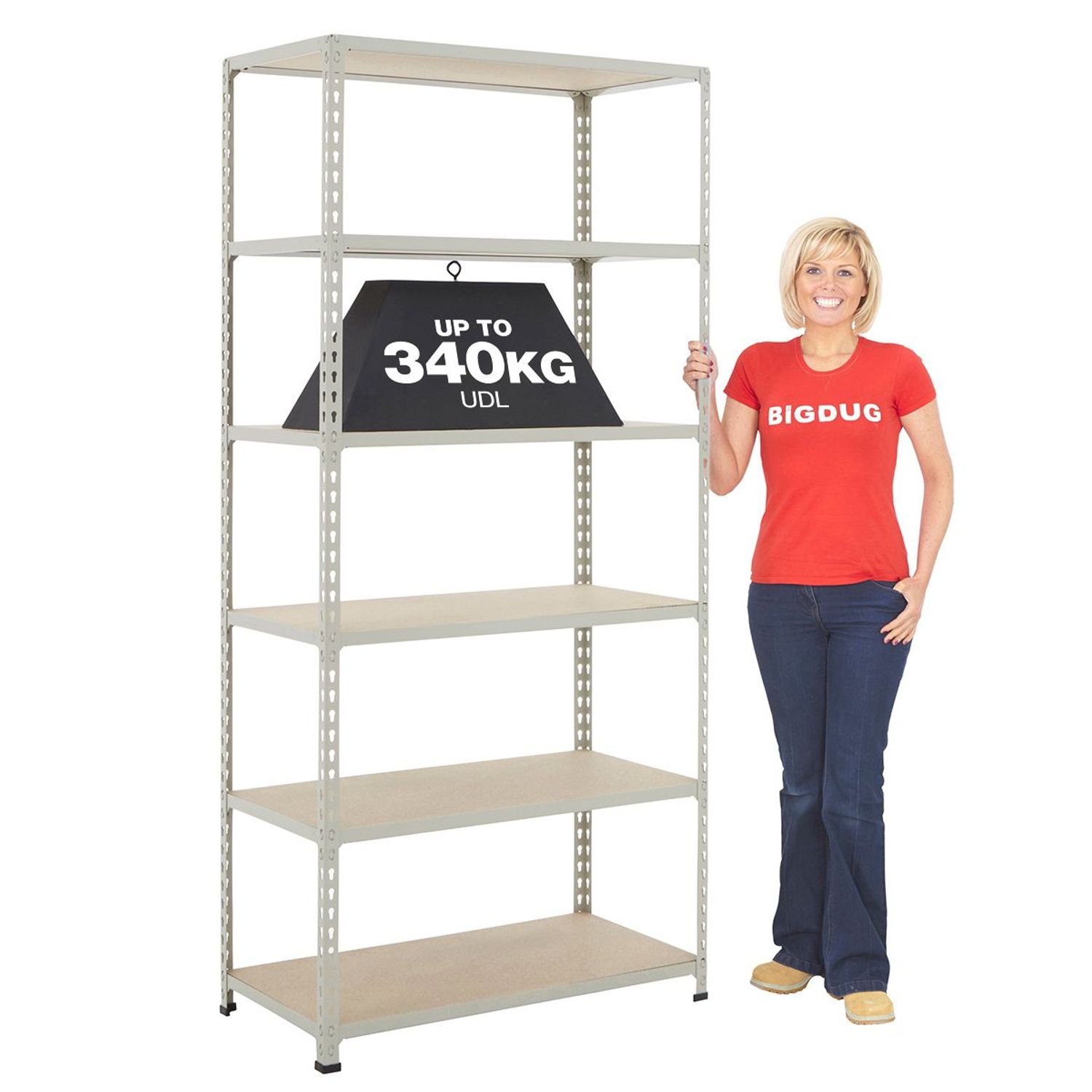 BIGDUG BiG340 Shelving 1980h x 915w x 455d mm 6 Levels 340Kg UDL Grey - B3190904